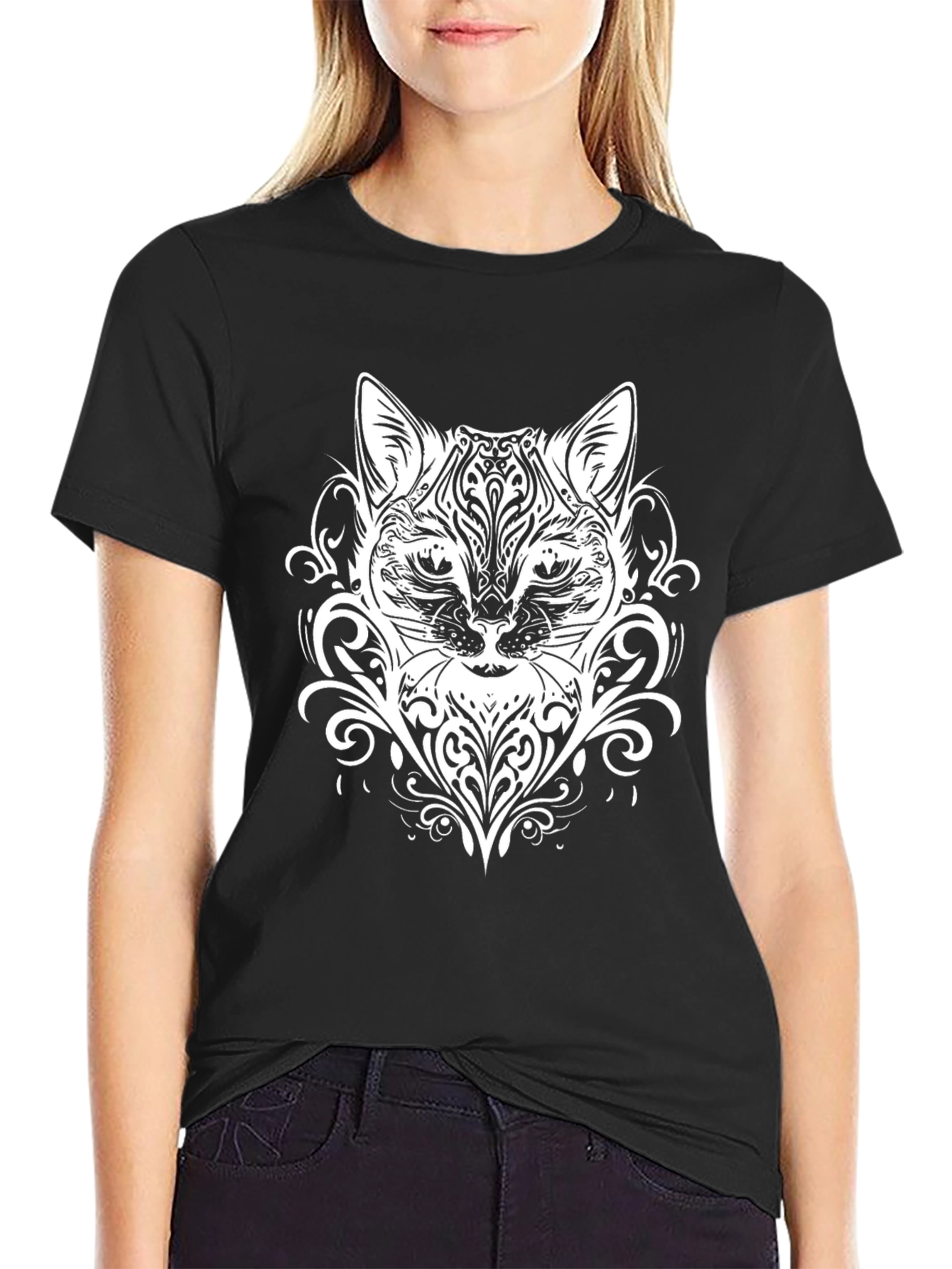 Abstract Cat Graphic Black T-Shirt