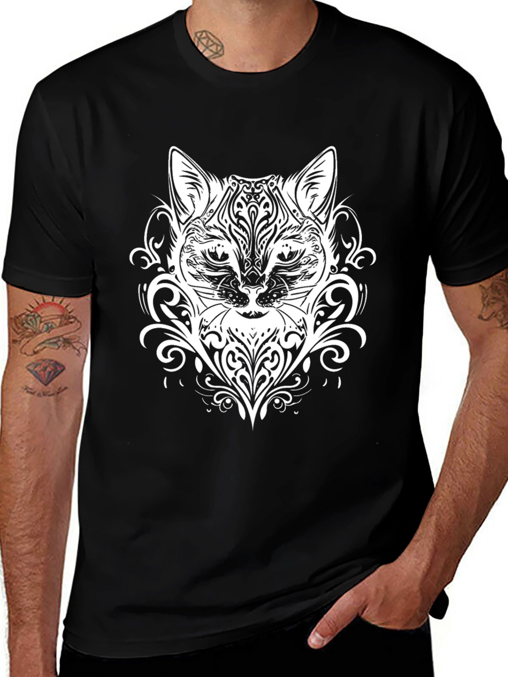 Abstract Cat Graphic Black T-Shirt