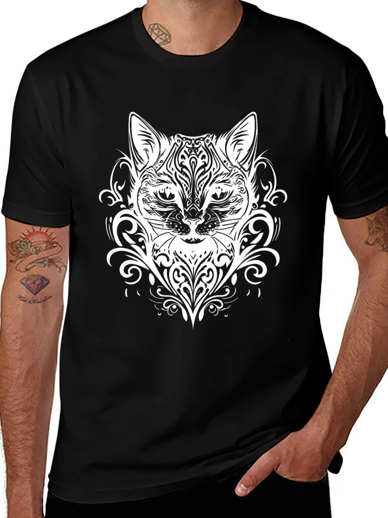 Abstract Cat Graphic Black T-Shirt