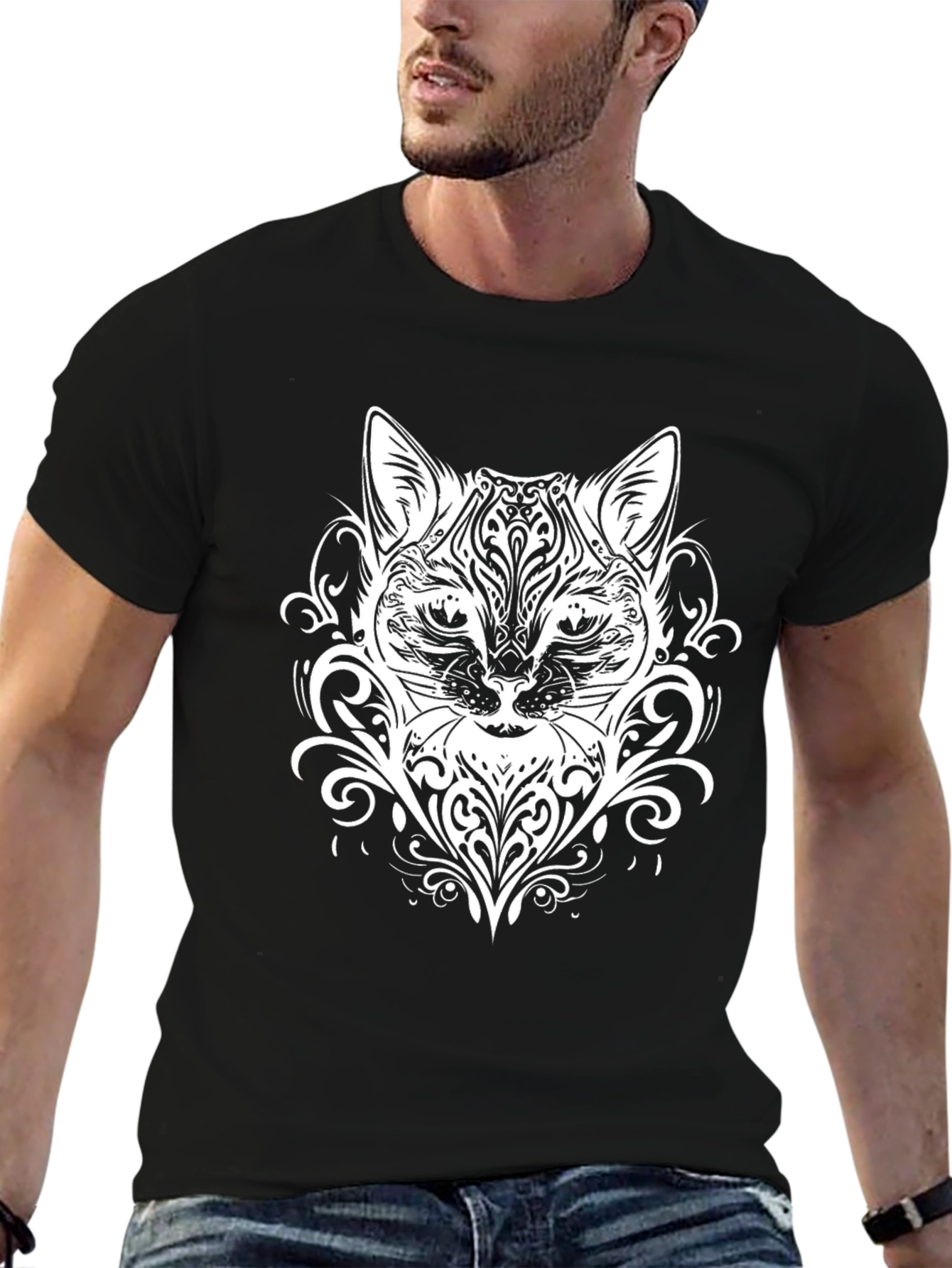 Abstract Cat Graphic Black T-Shirt