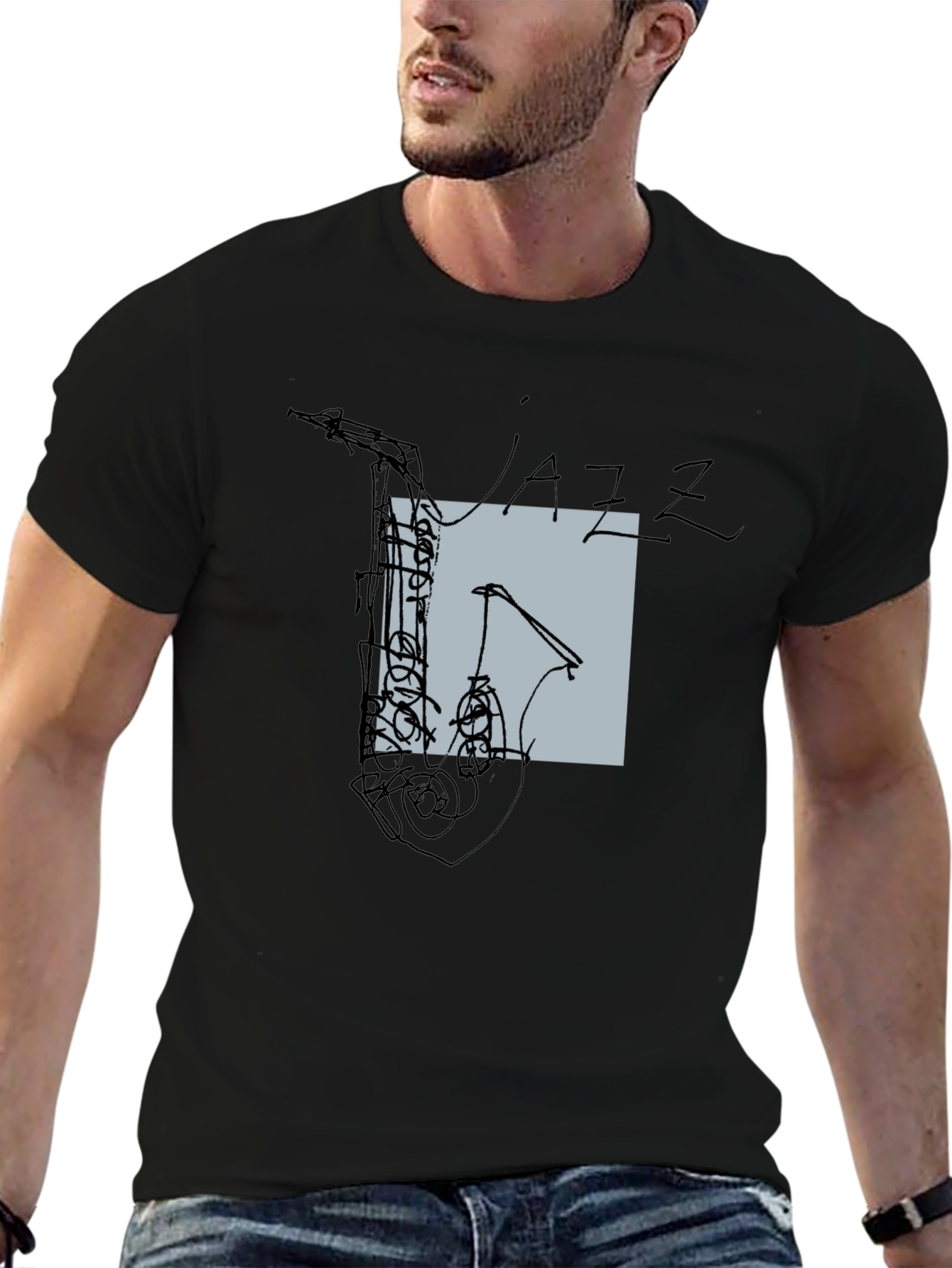 Abstract Jazz Saxophone Graphic T-Shirt - Black
