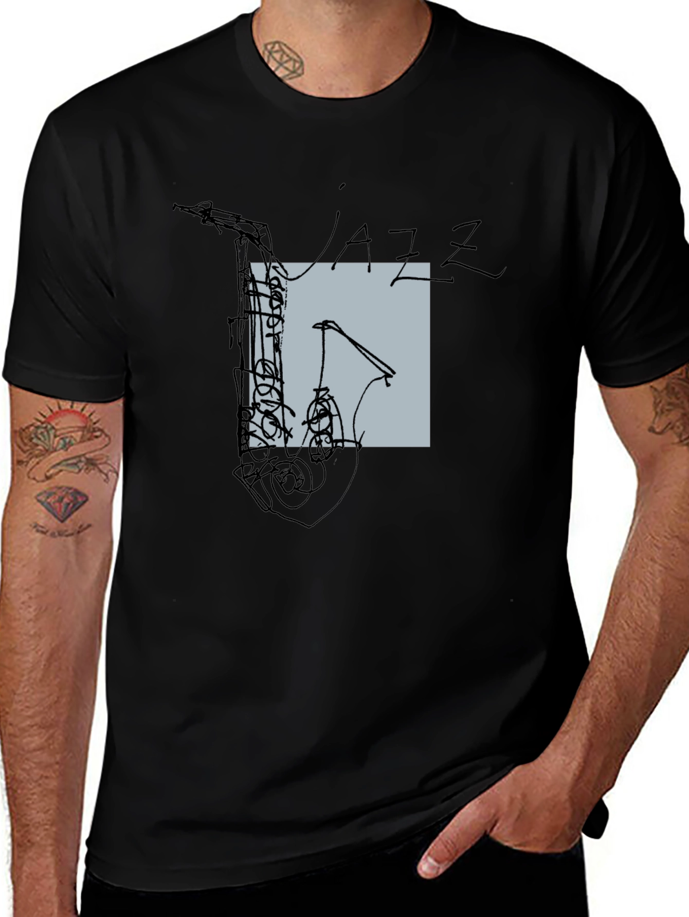 Abstract Jazz Saxophone Graphic T-Shirt - Black