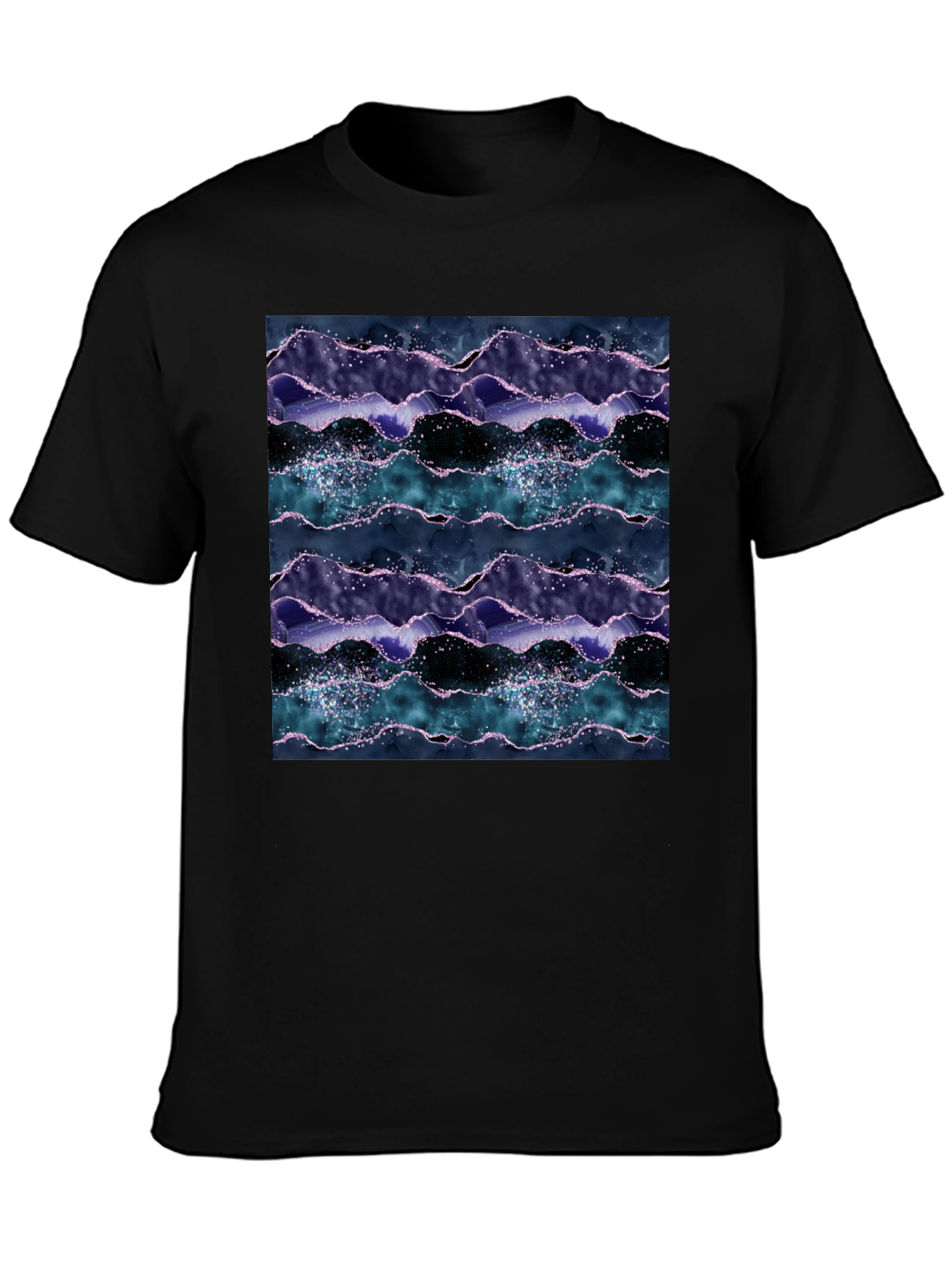 Abstract Wave Pattern Black Crew Neck Tee