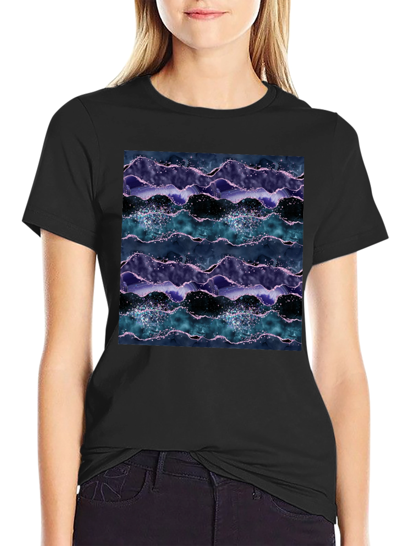 Abstract Wave Pattern Black Crew Neck Tee