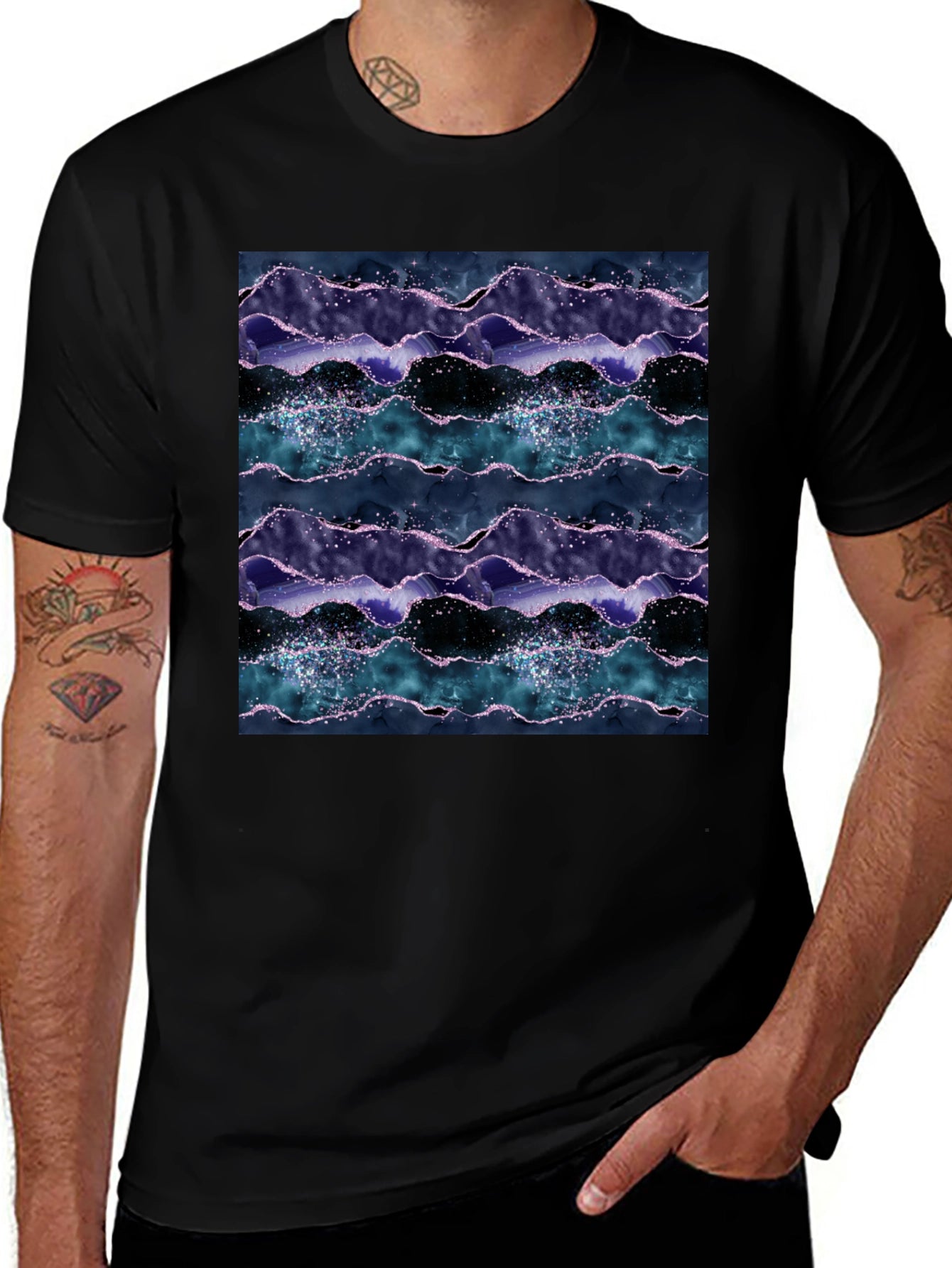 Abstract Wave Pattern Black Crew Neck Tee