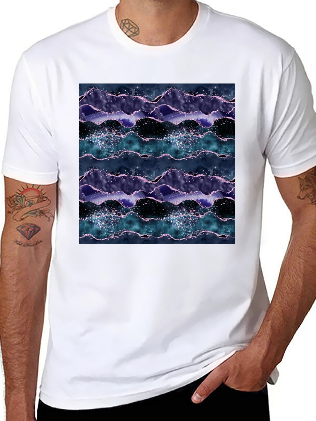 Abstract Wave Pattern Black Crew Neck Tee
