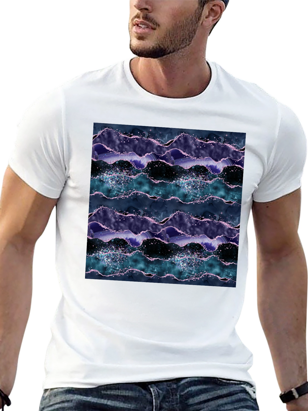 Abstract Wave Pattern Black Crew Neck Tee