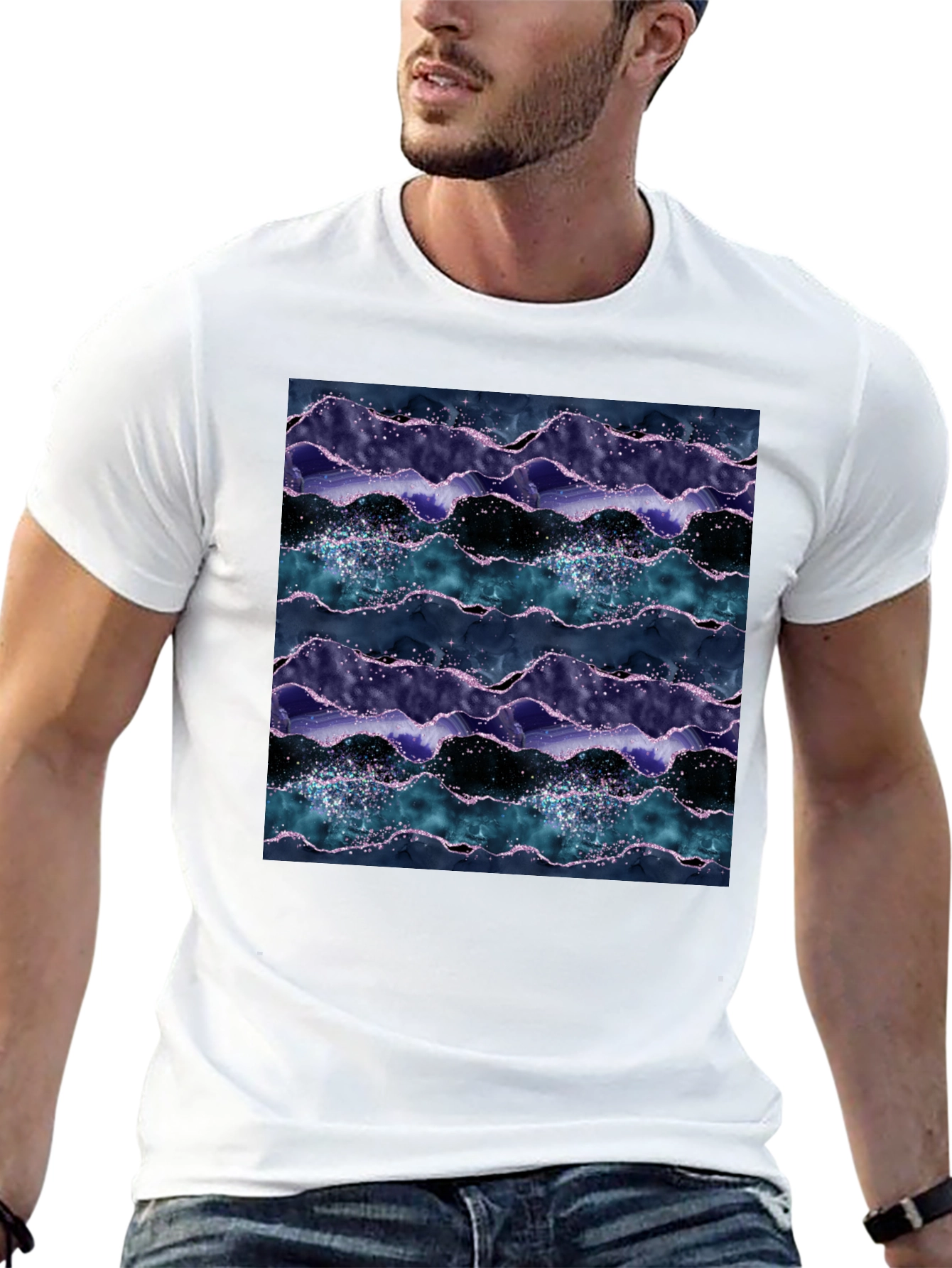 Abstract Wave Pattern Black Crew Neck Tee