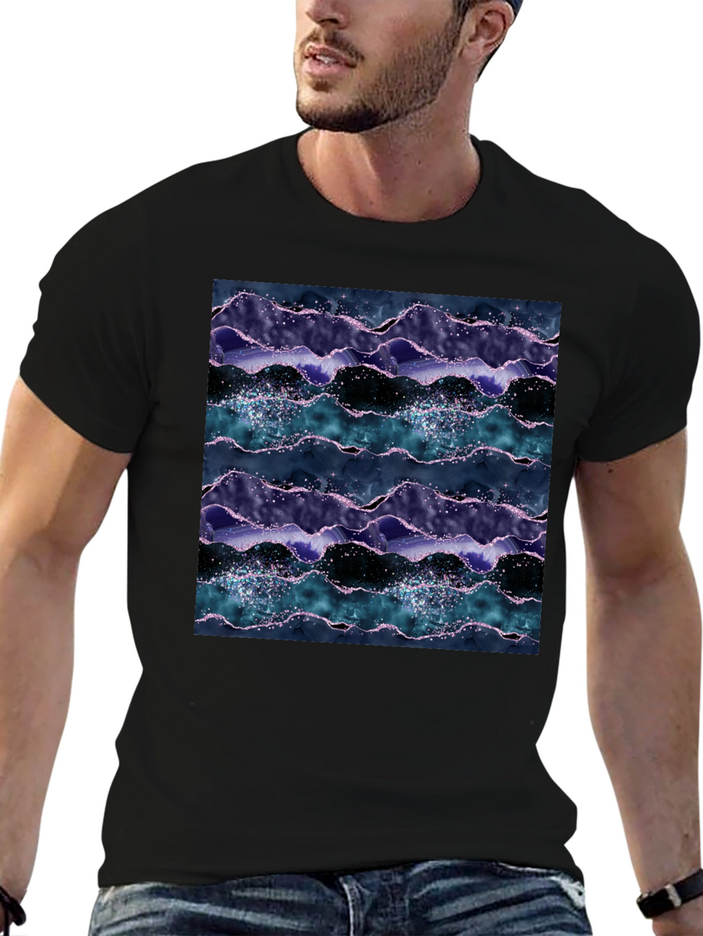 Abstract Wave Pattern Black Crew Neck Tee
