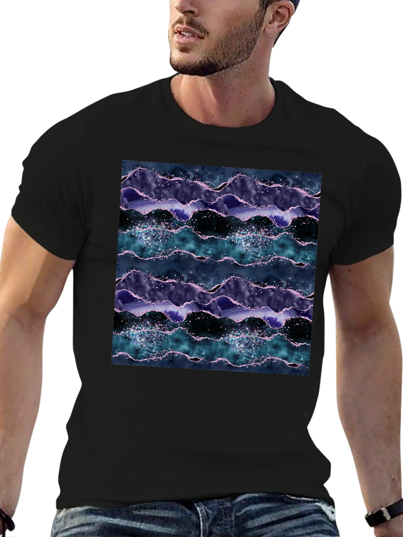 Abstract Wave Pattern Black Crew Neck Tee