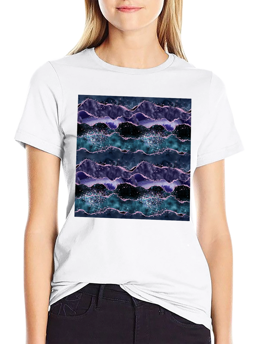 Abstract Wave Pattern Black Crew Neck Tee