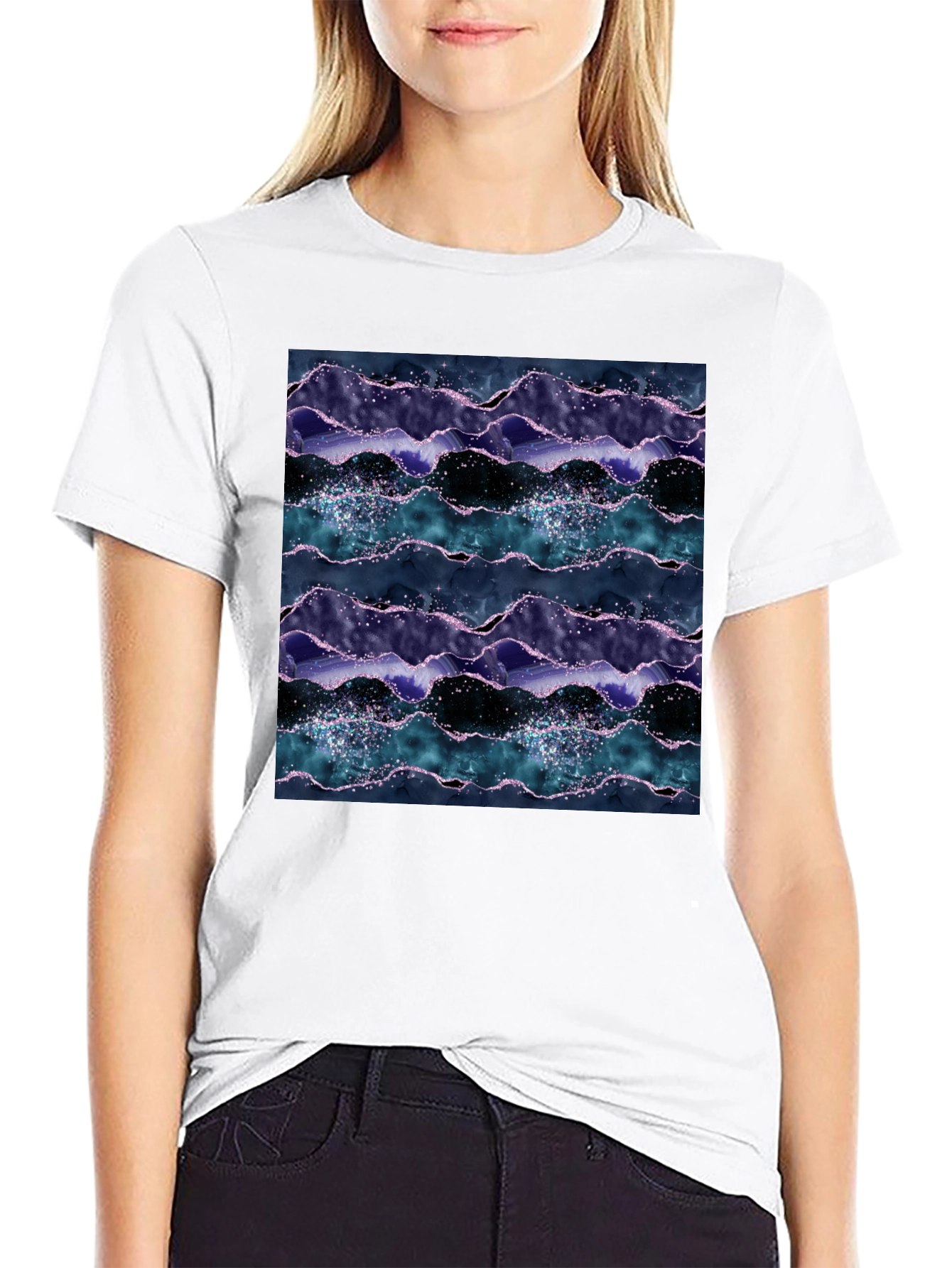 Abstract Wave Pattern Black Crew Neck Tee
