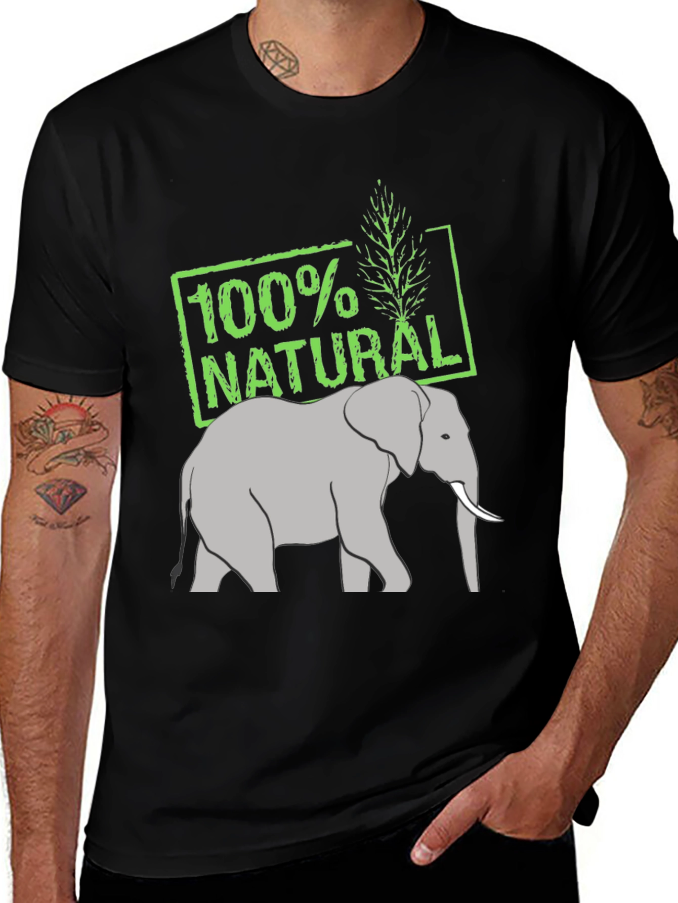 100% Natural Elephant Graphic Tee - Black