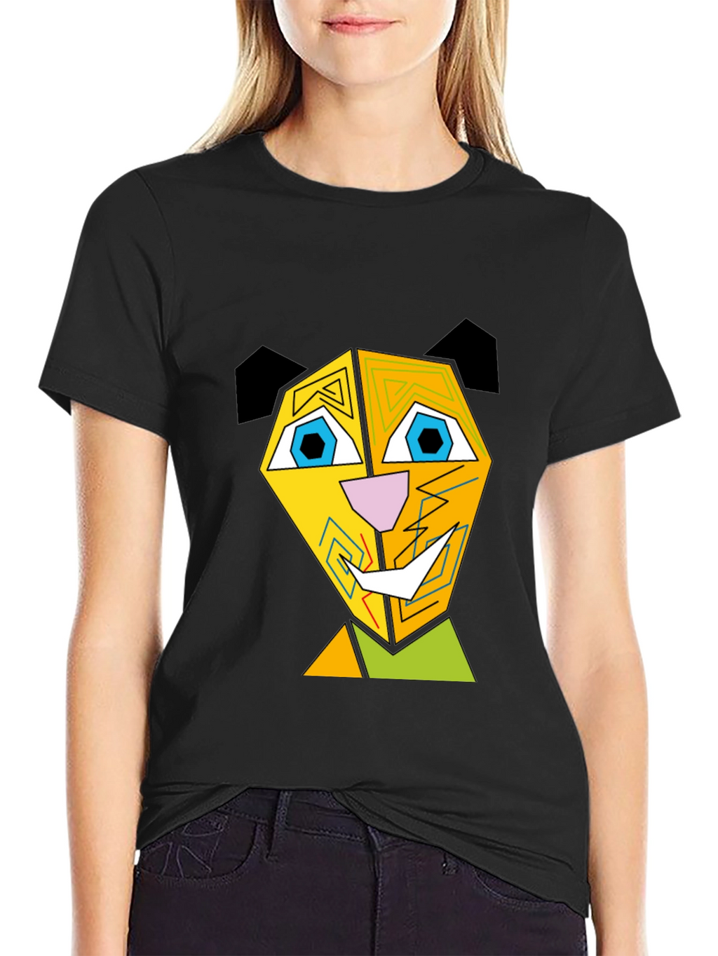 Abstract Geometric Animal Graphic Black T-Shirt