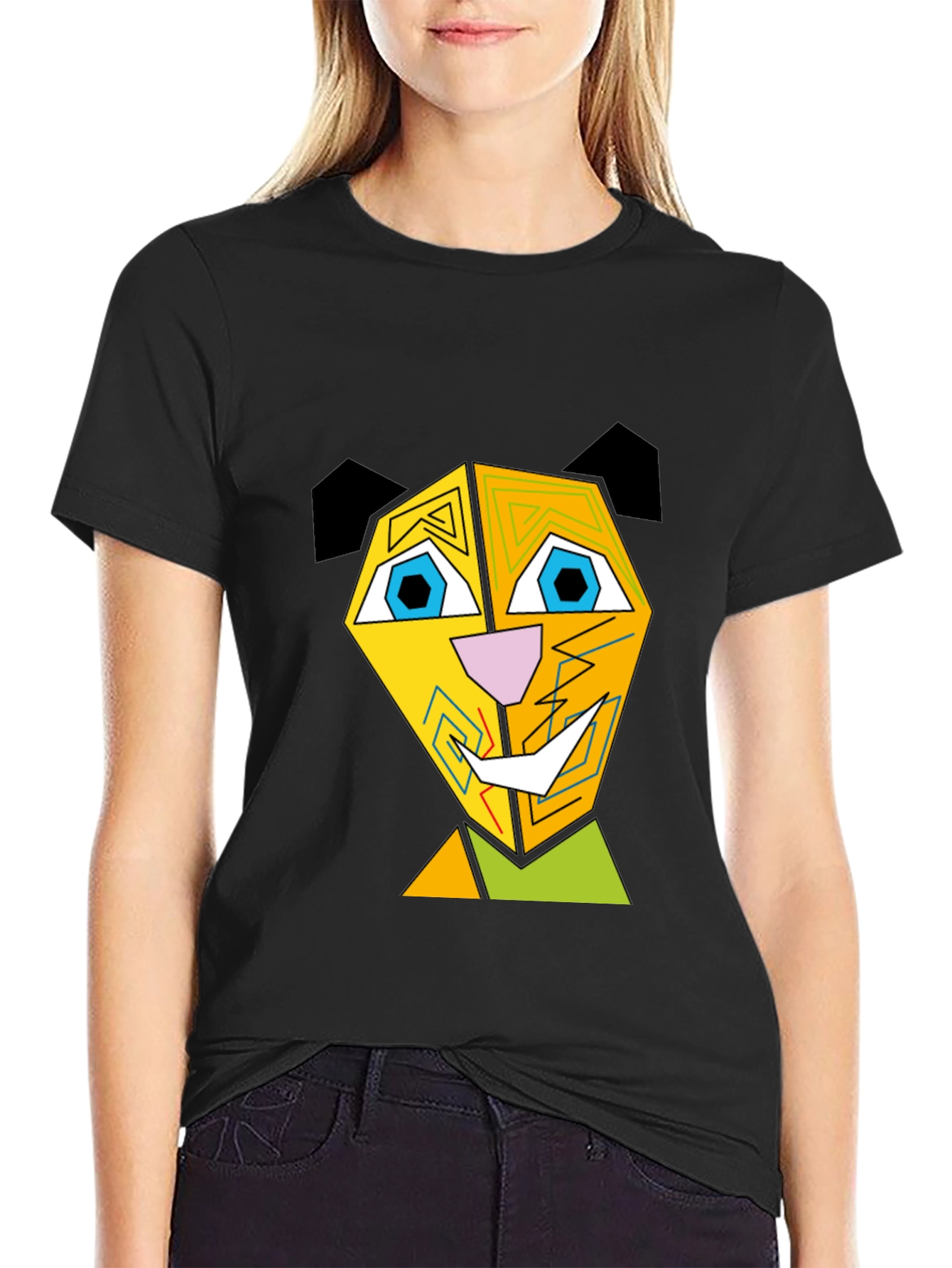 Abstract Geometric Animal Graphic Black T-Shirt