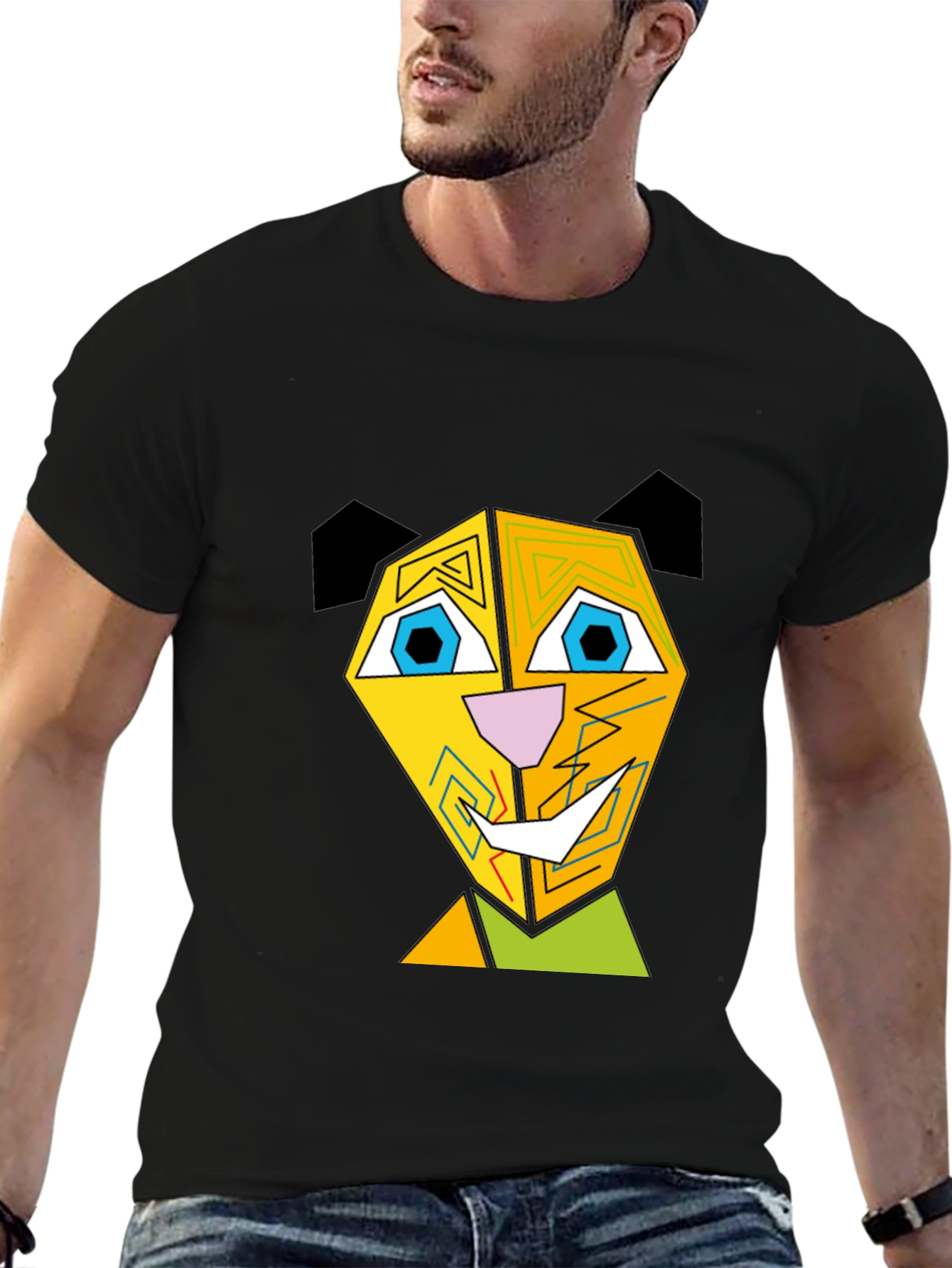 Abstract Geometric Animal Graphic Black T-Shirt