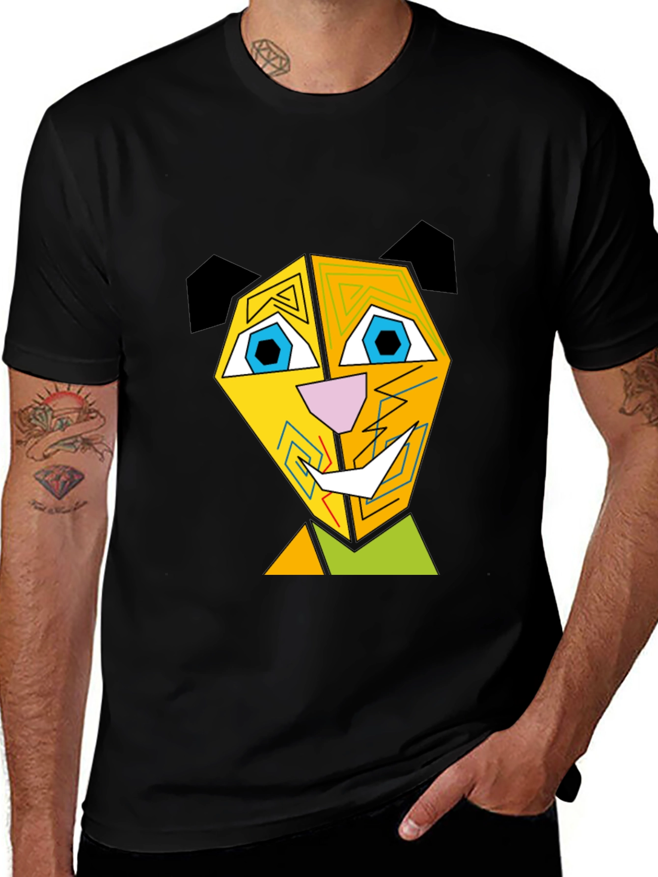 Abstract Geometric Animal Graphic Black T-Shirt