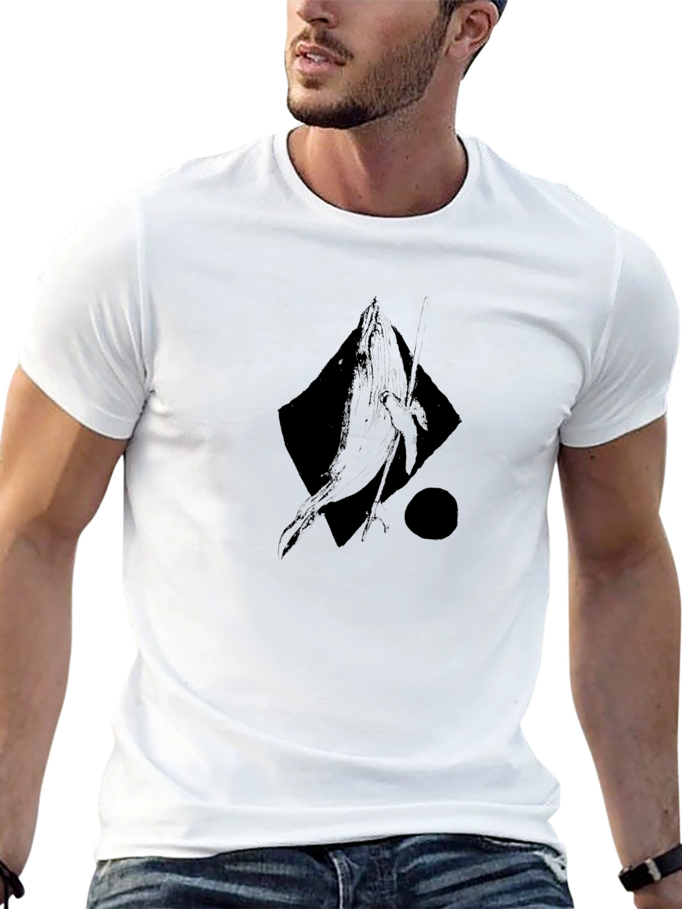 Abstract Whale Graphic Tee - Black Cotton Casual T-Shirt