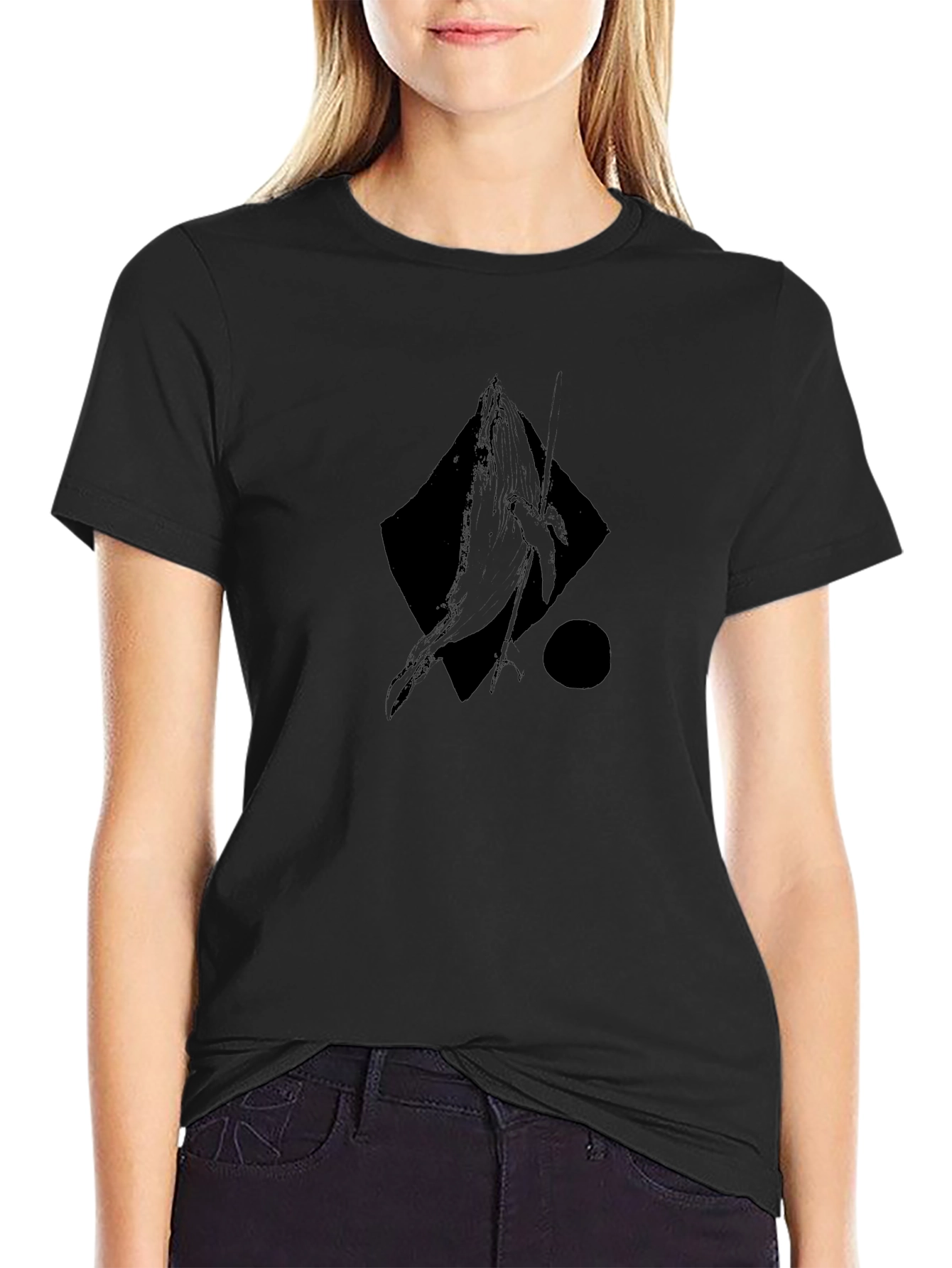 Abstract Whale Graphic Tee - Black Cotton Casual T-Shirt