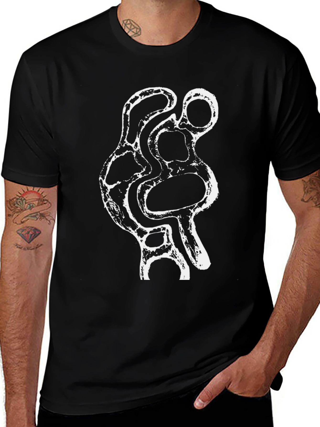 Abstract White Print Black T-Shirt