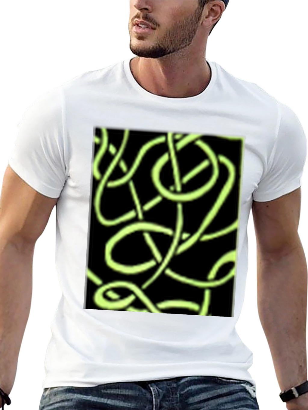 Abstract Neon Green Lines Graphic Black T-Shirt