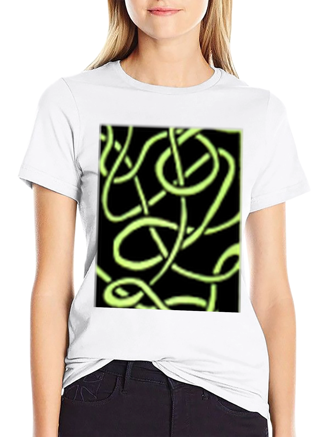 Abstract Neon Green Lines Graphic Black T-Shirt