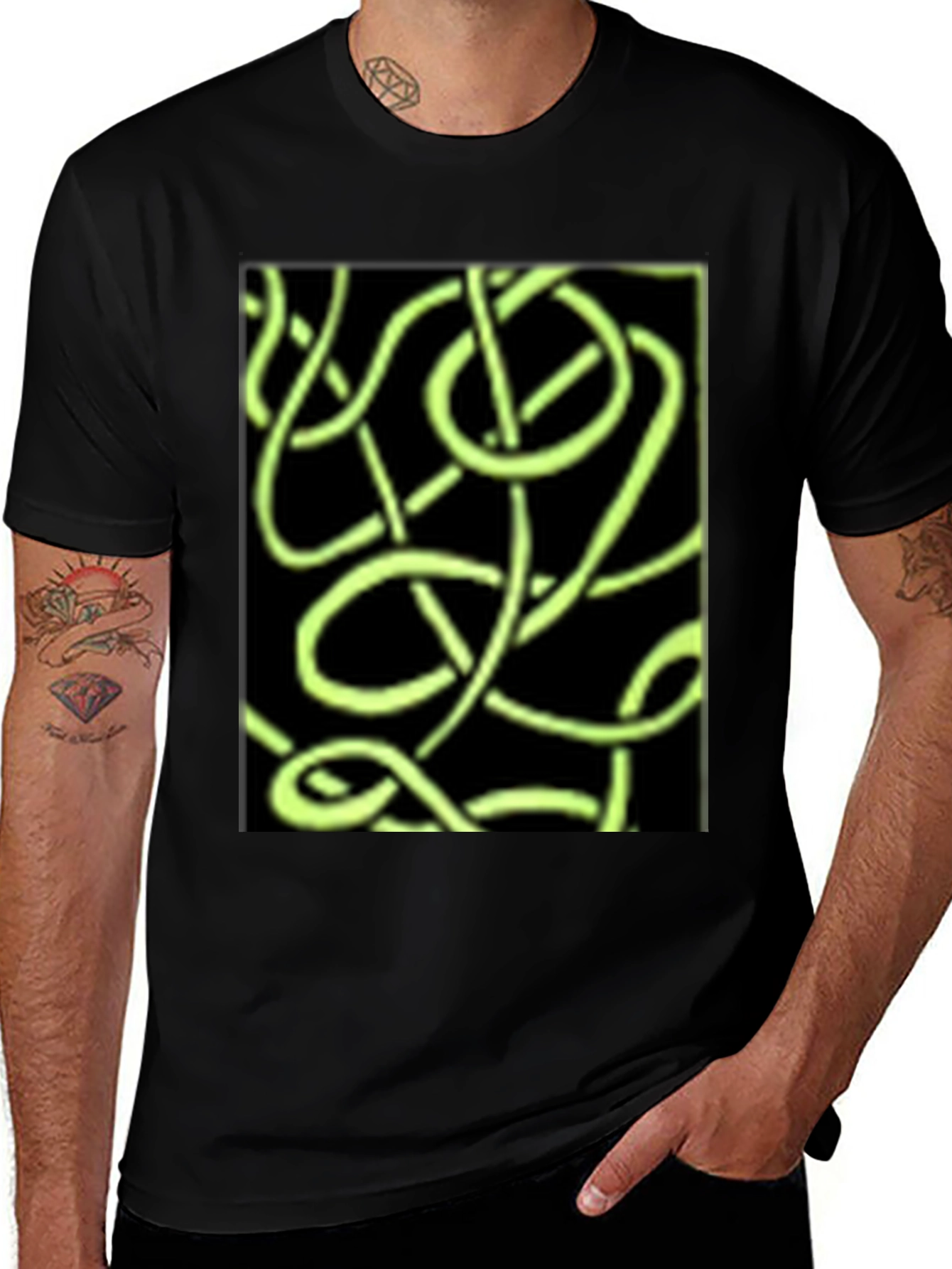 Abstract Neon Green Lines Graphic Black T-Shirt