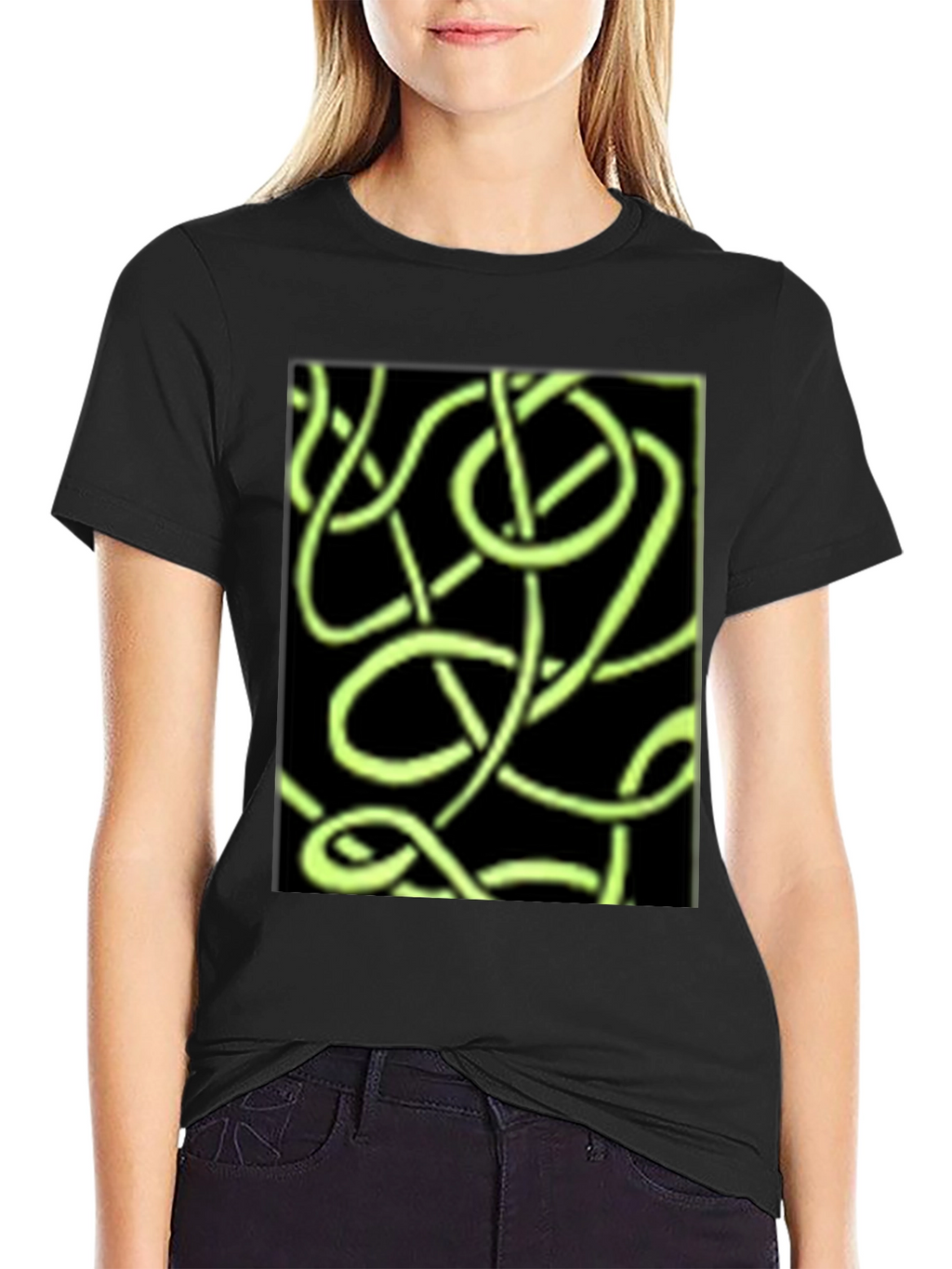 Abstract Neon Green Lines Graphic Black T-Shirt