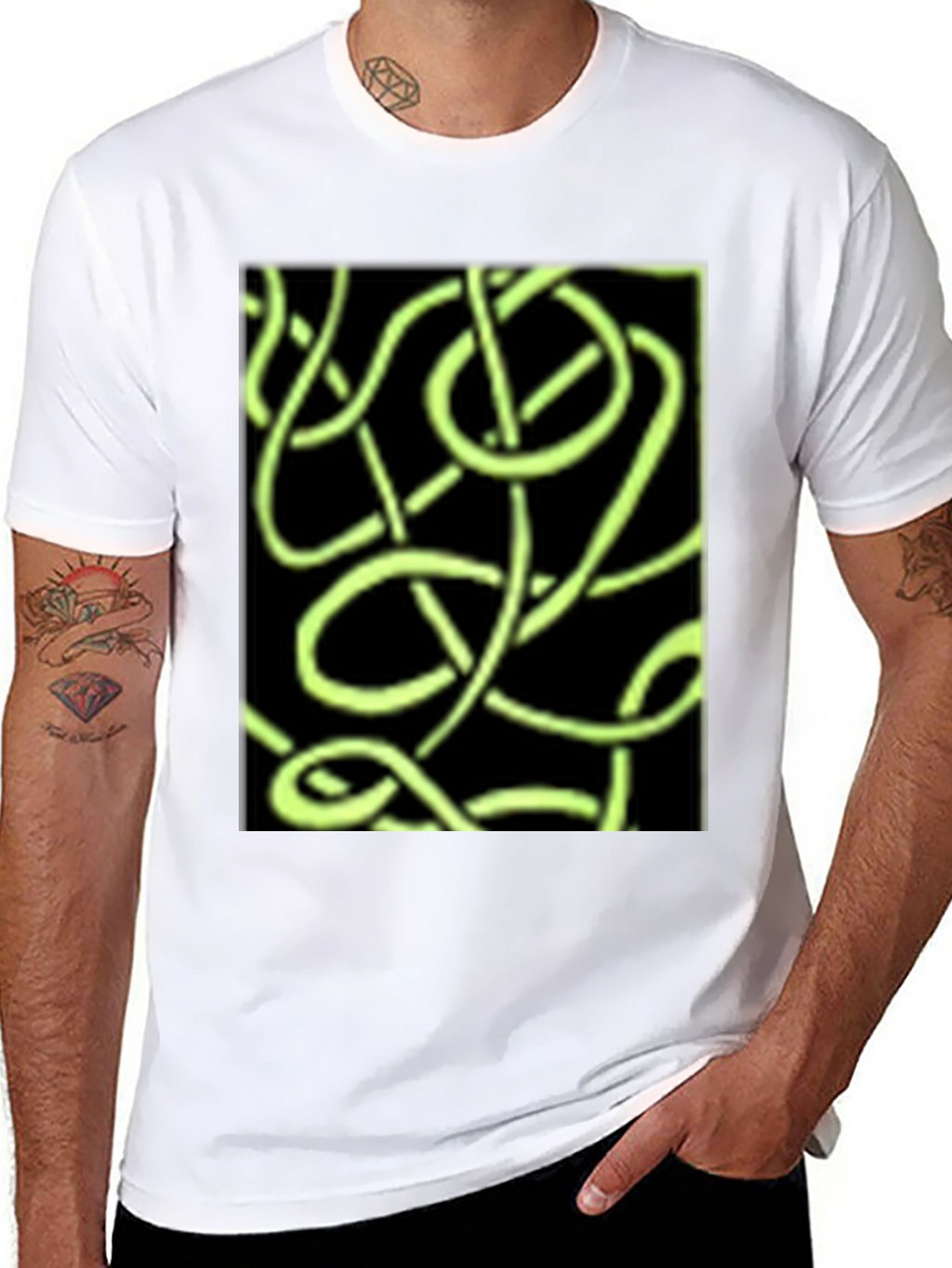 Abstract Neon Green Lines Graphic Black T-Shirt