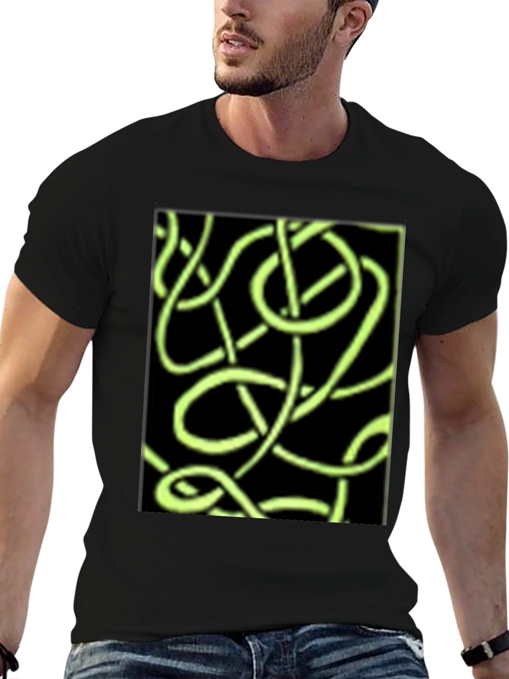 Abstract Neon Green Lines Graphic Black T-Shirt