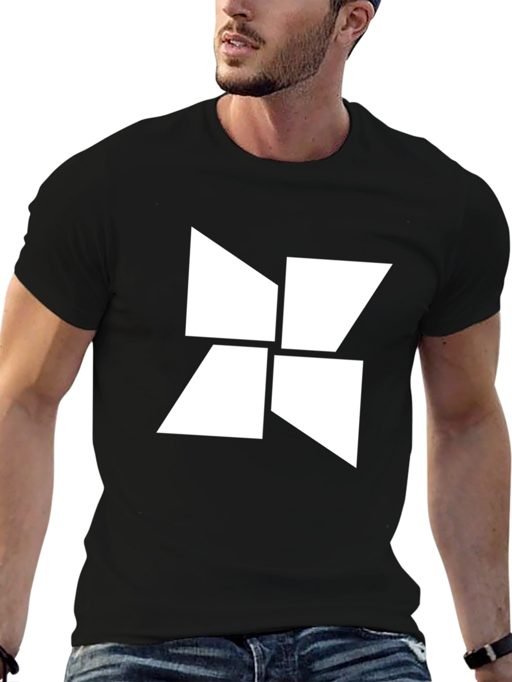 Abstract Geometric White Design Black T-Shirt