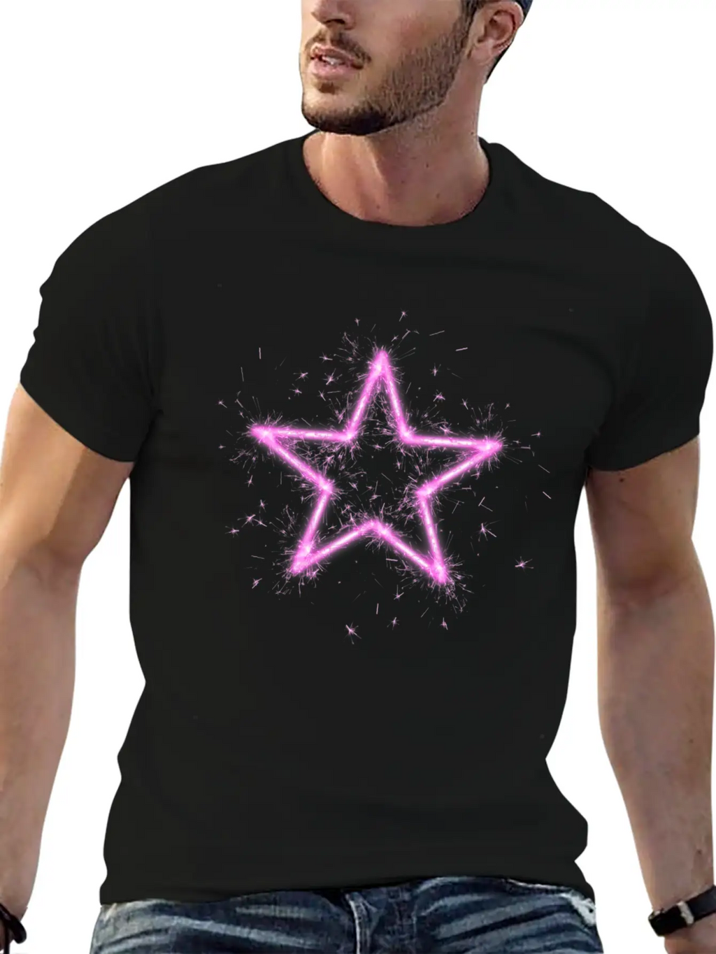 A Shirt With A Glowing Pink Star. Unisex Short Sleeve Soft Cotton T-Shirt – Casual Everyday Wear