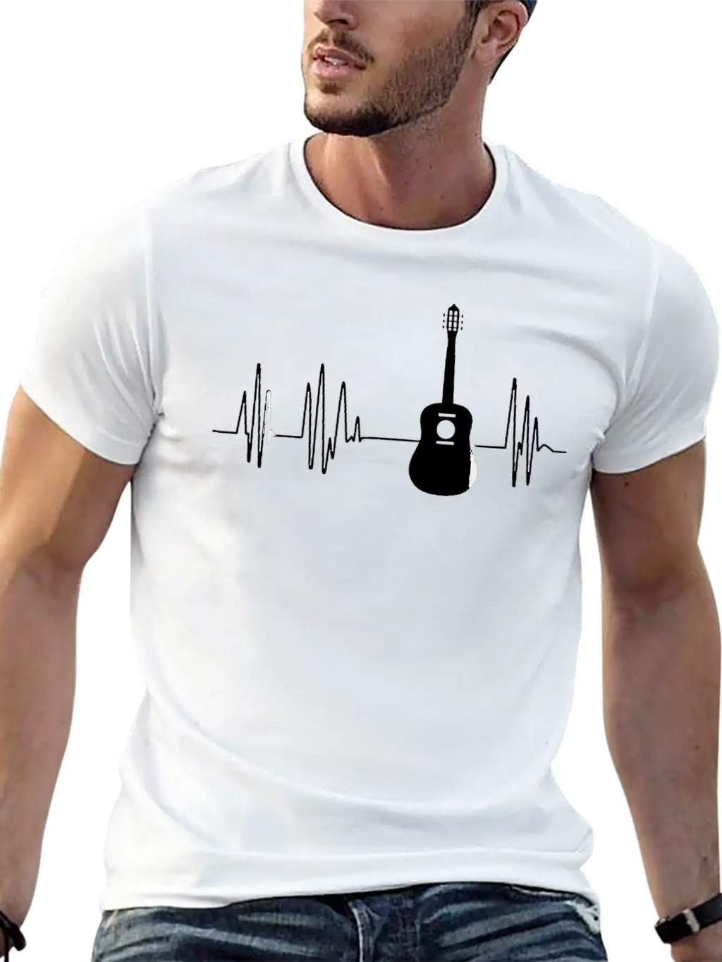 Acoustic Guitar Heartbeat Guitar Musician Unisex Short Sleeve Soft Cotton T-Shirt – Casual Everyday Wear
