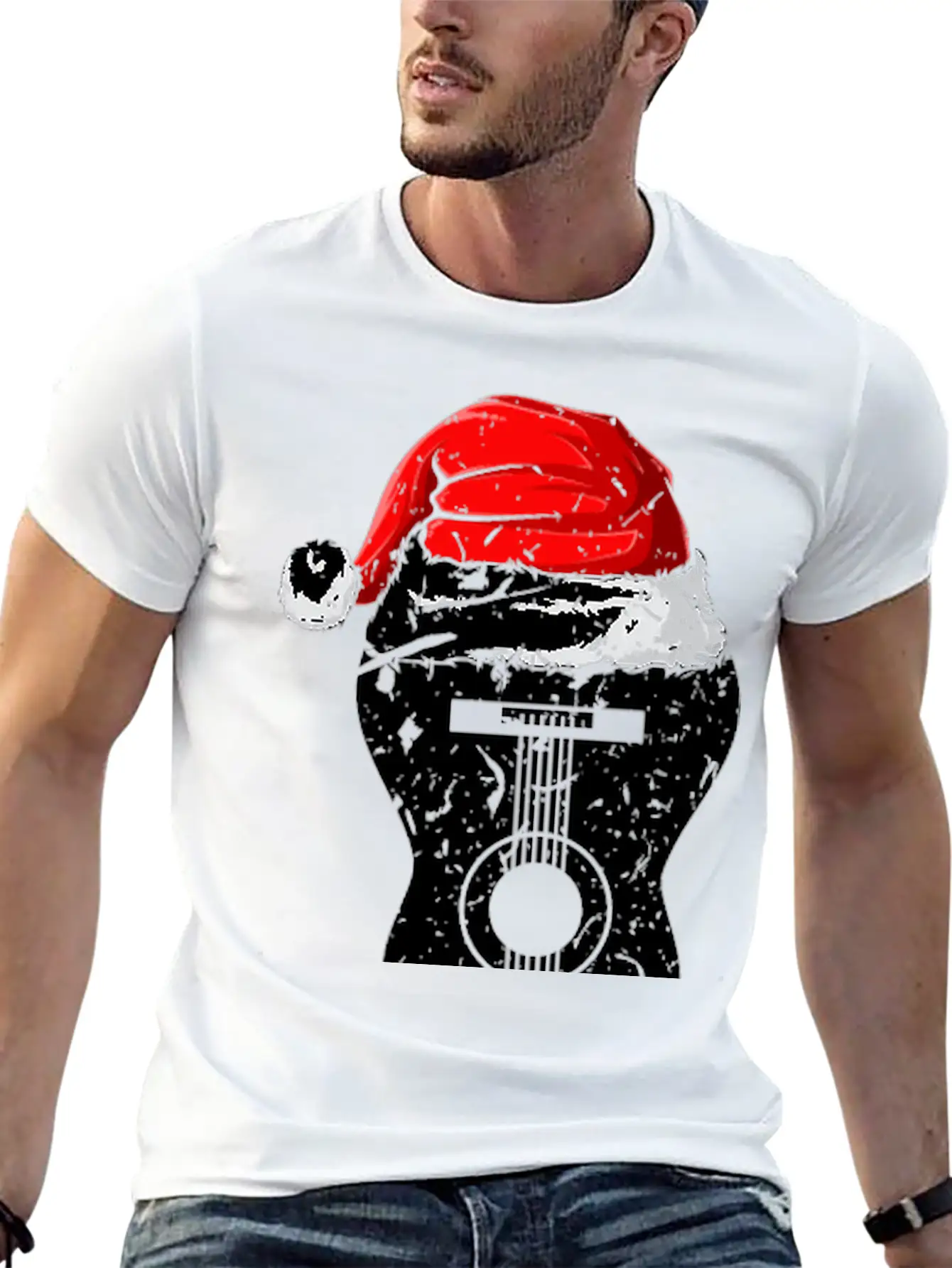 Acoustic Guitar Santa Hat Guitarist Christmas Xmas Essential Unisex Summer Tee – Soft Cotton Casual Fit