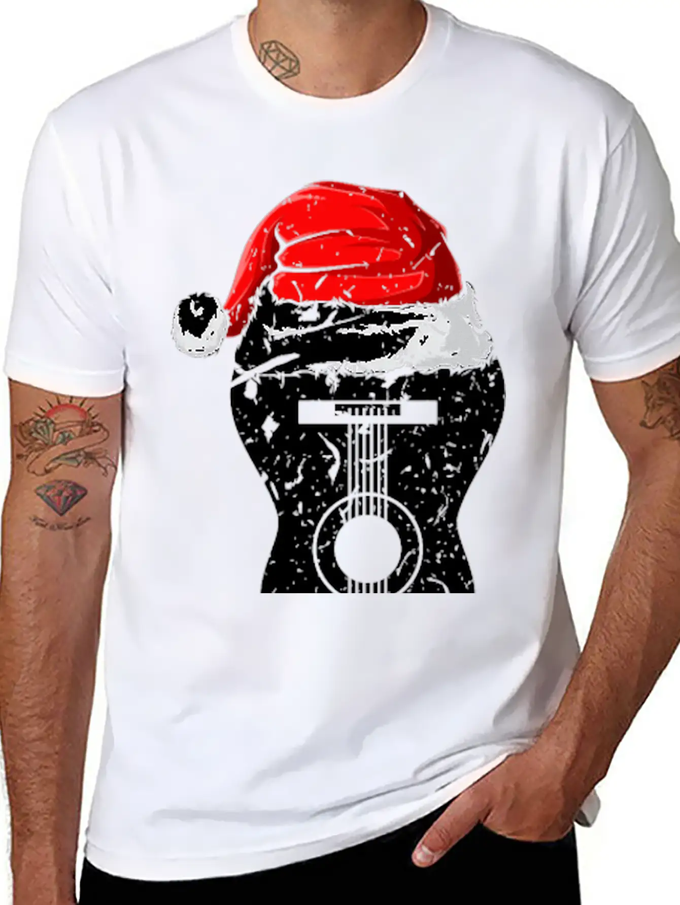 Acoustic Guitar Santa Hat Guitarist Christmas Xmas Essential Unisex Summer Tee – Soft Cotton Casual Fit
