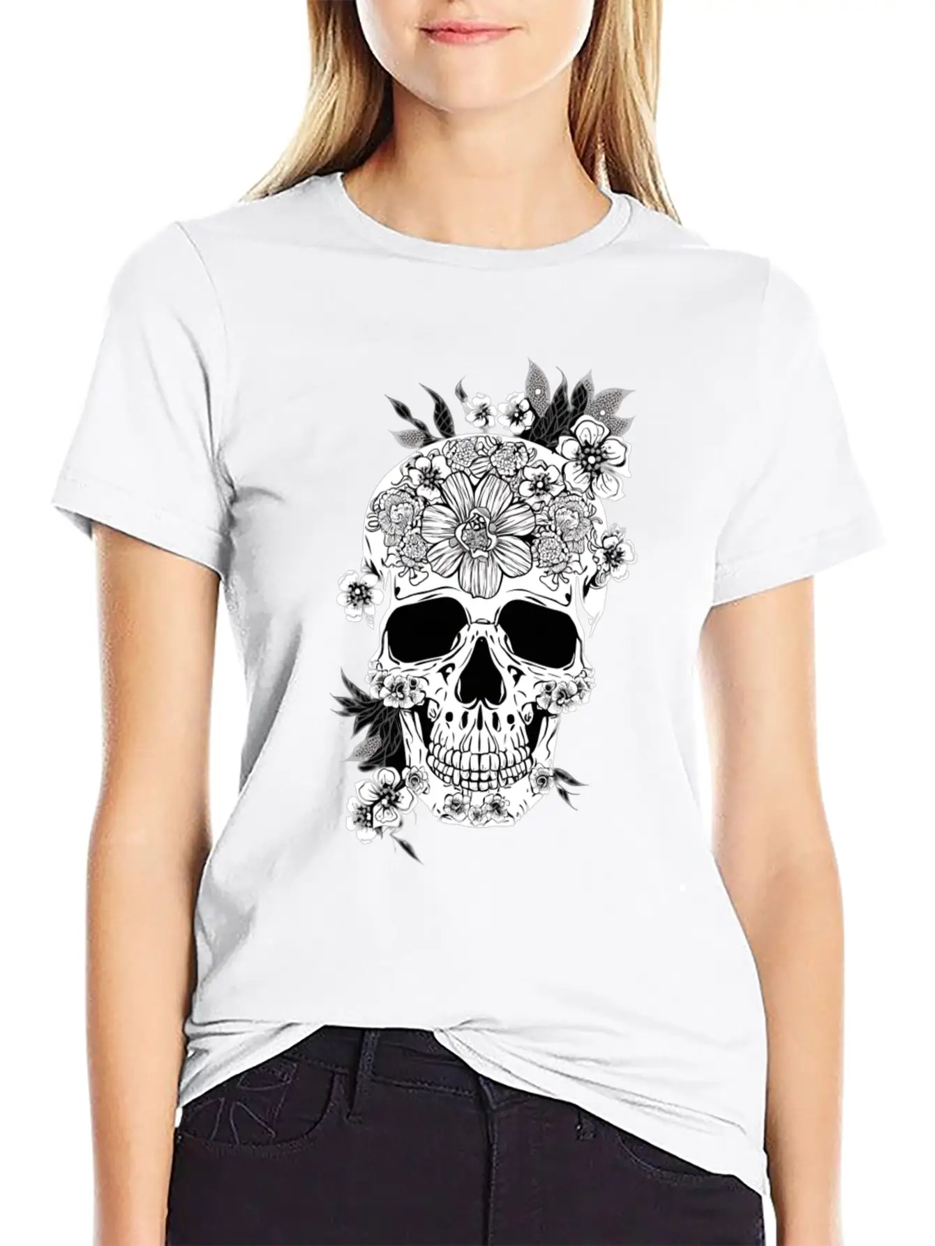 Aesthetic Flowers Skull Art Unisex Casual T-Shirt – Clean Design For Daily Comfort