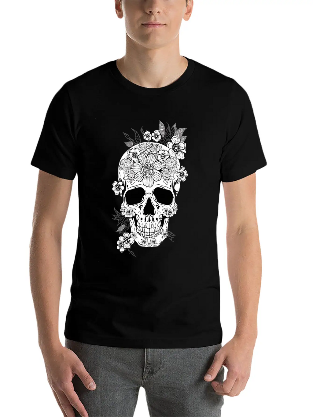 Aesthetic Flowers Skull Art Unisex Casual T-Shirt – Clean Design For Daily Comfort