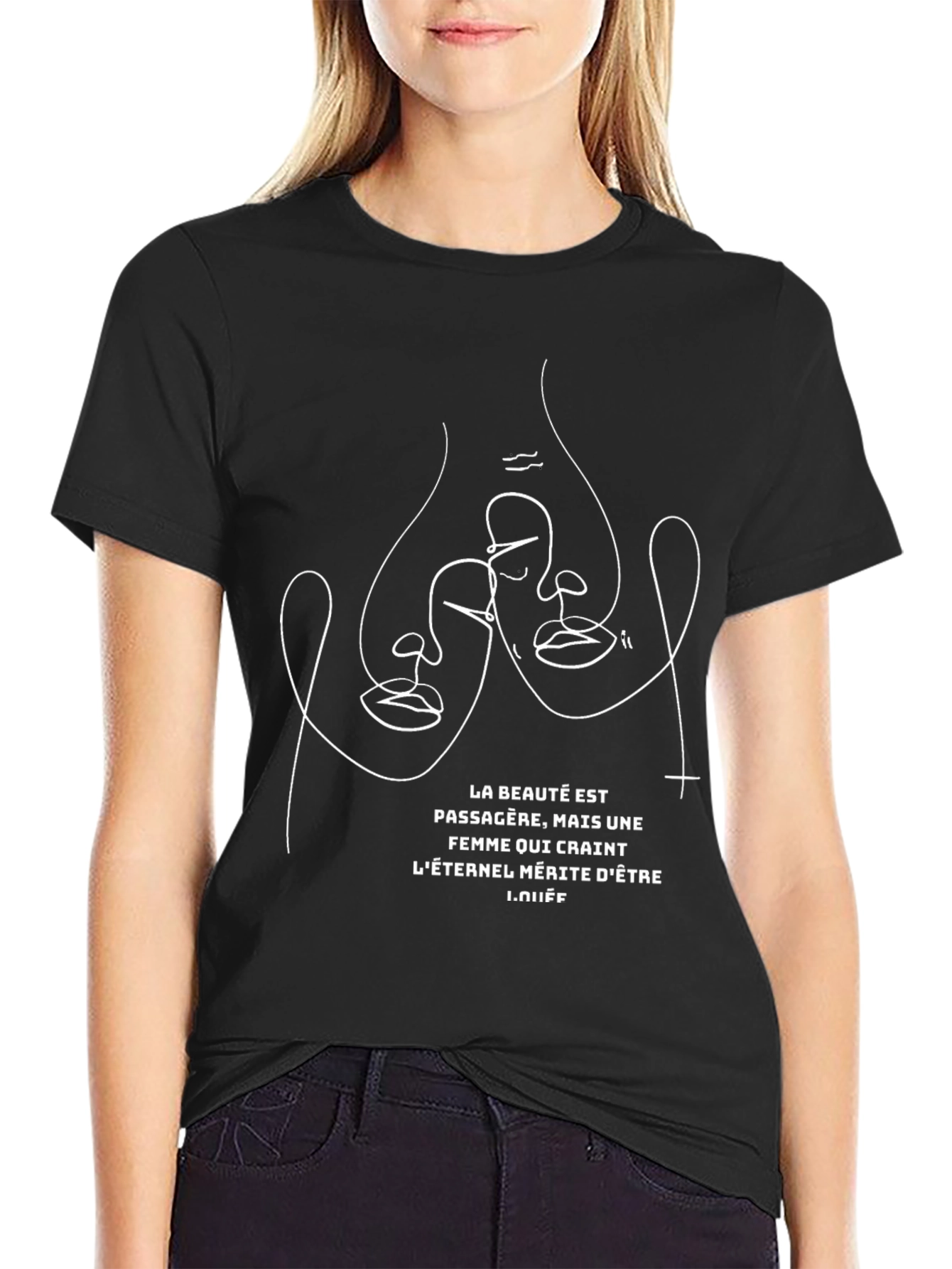 Abstract Face Line Art Graphic T-Shirt - Black