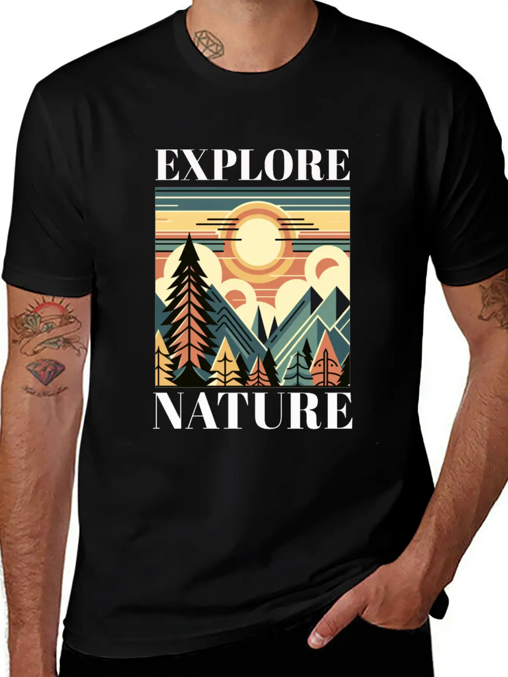 "EXPLORE NATURE" ART DECO MOUNTAIN SUNSET GIFT Breathable Graphic T-Shirt – Perfect For Casual Days