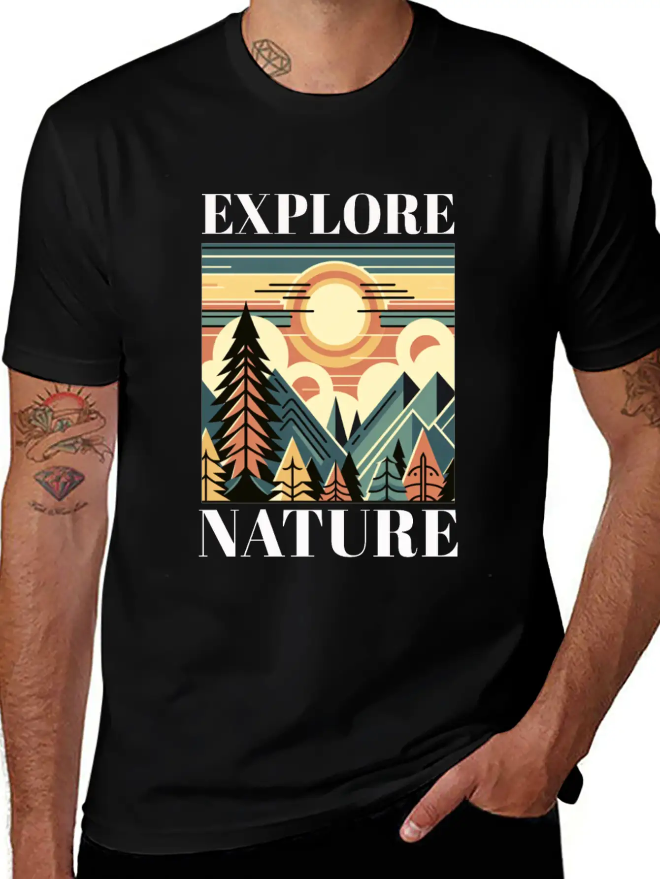 "EXPLORE NATURE" ART DECO MOUNTAIN SUNSET GIFT Breathable Graphic T-Shirt – Perfect For Casual Days