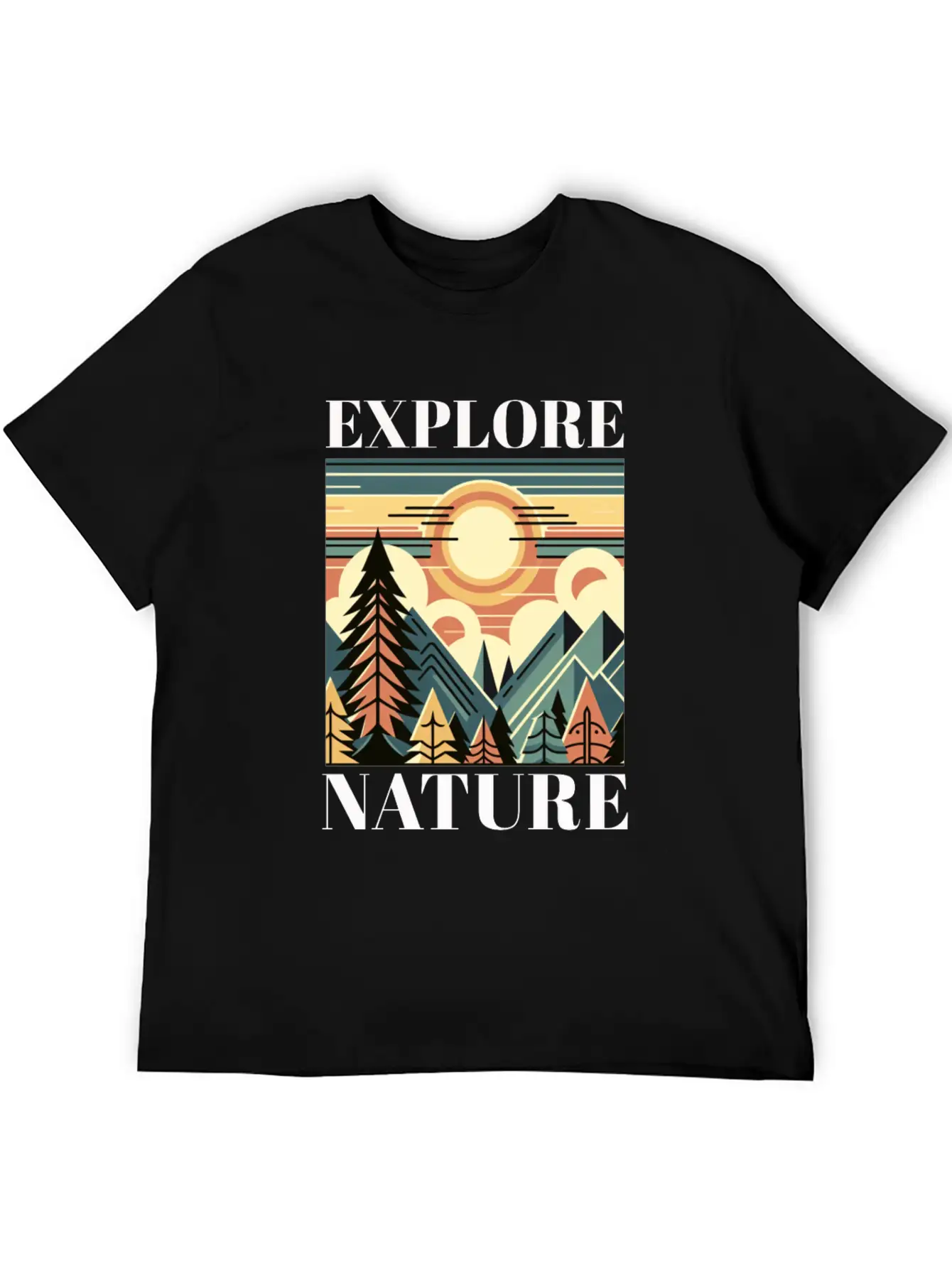 "EXPLORE NATURE" ART DECO MOUNTAIN SUNSET GIFT Breathable Graphic T-Shirt – Perfect For Casual Days