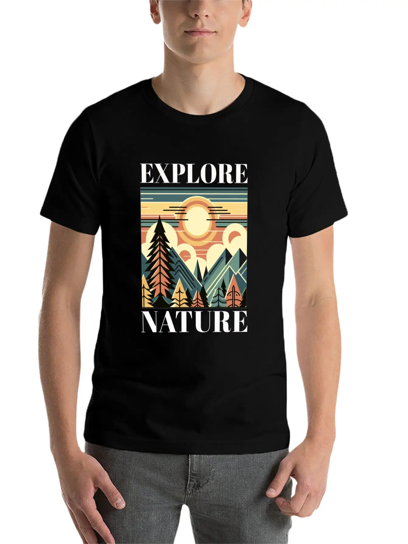 "EXPLORE NATURE" ART DECO MOUNTAIN SUNSET GIFT Breathable Graphic T-Shirt – Perfect For Casual Days