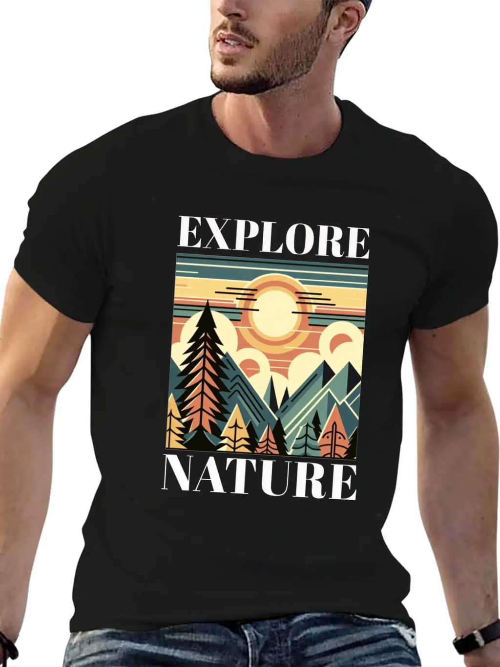 "EXPLORE NATURE" ART DECO MOUNTAIN SUNSET GIFT Breathable Graphic T-Shirt – Perfect For Casual Days