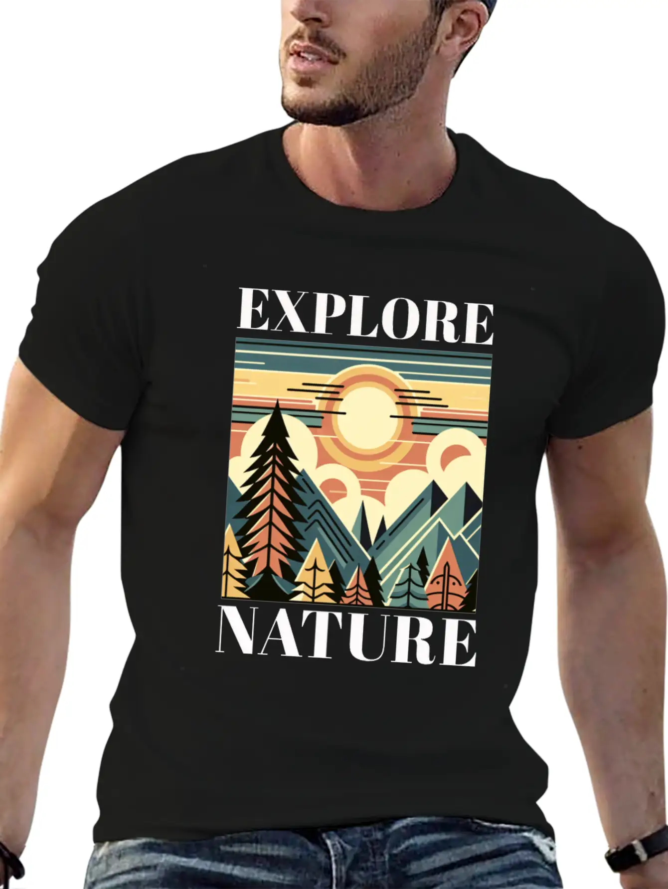 "EXPLORE NATURE" ART DECO MOUNTAIN SUNSET GIFT Breathable Graphic T-Shirt – Perfect For Casual Days