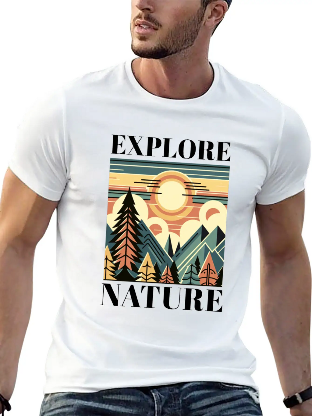 "EXPLORE NATURE" ART DECO MOUNTAIN SUNSET GIFT Breathable Graphic T-Shirt – Perfect For Casual Days