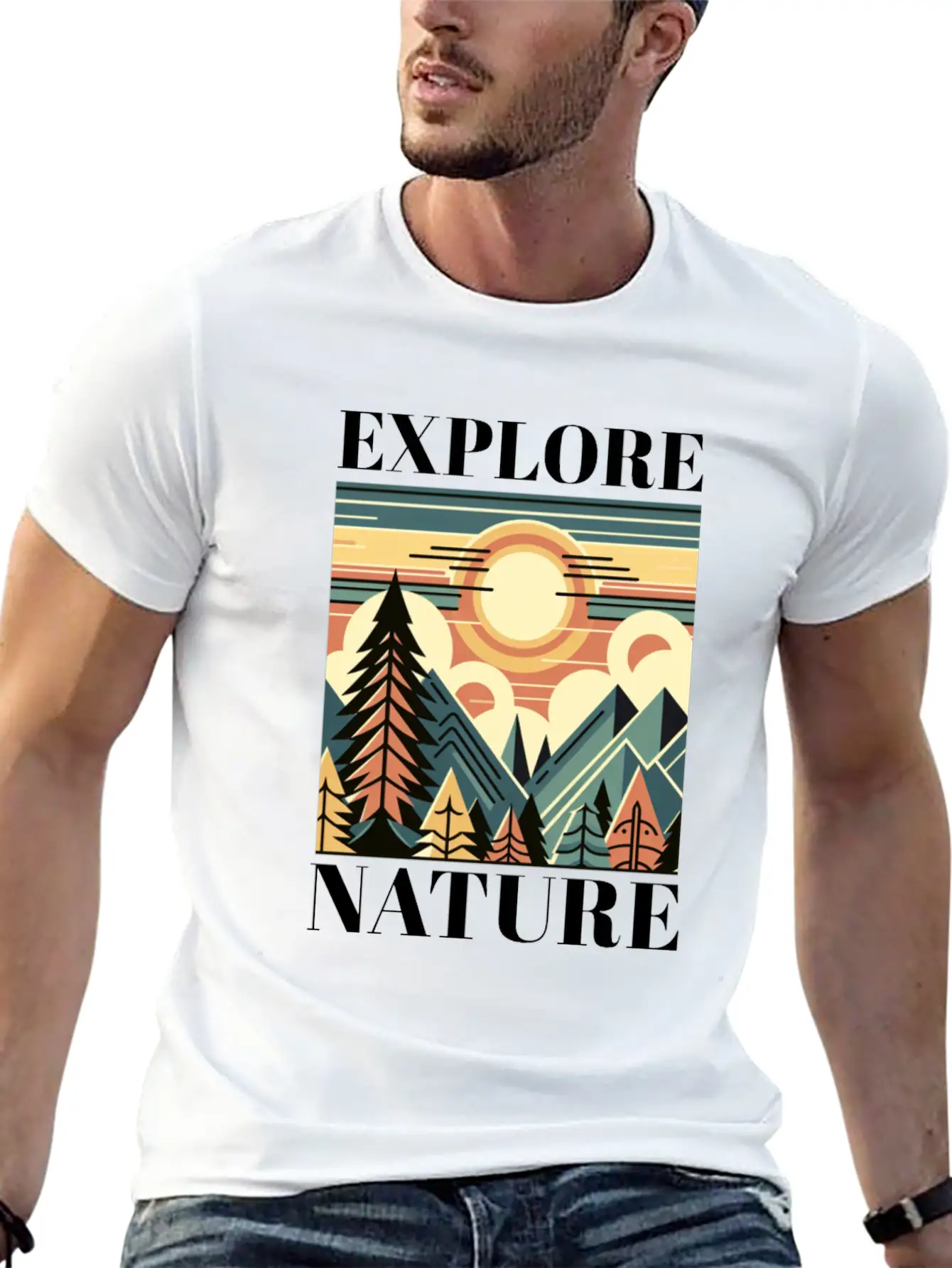 "EXPLORE NATURE" ART DECO MOUNTAIN SUNSET GIFT Breathable Graphic T-Shirt – Perfect For Casual Days