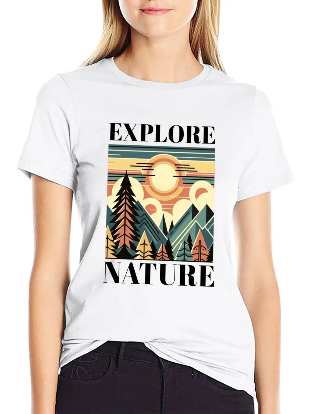 "EXPLORE NATURE" ART DECO MOUNTAIN SUNSET GIFT Breathable Graphic T-Shirt – Perfect For Casual Days