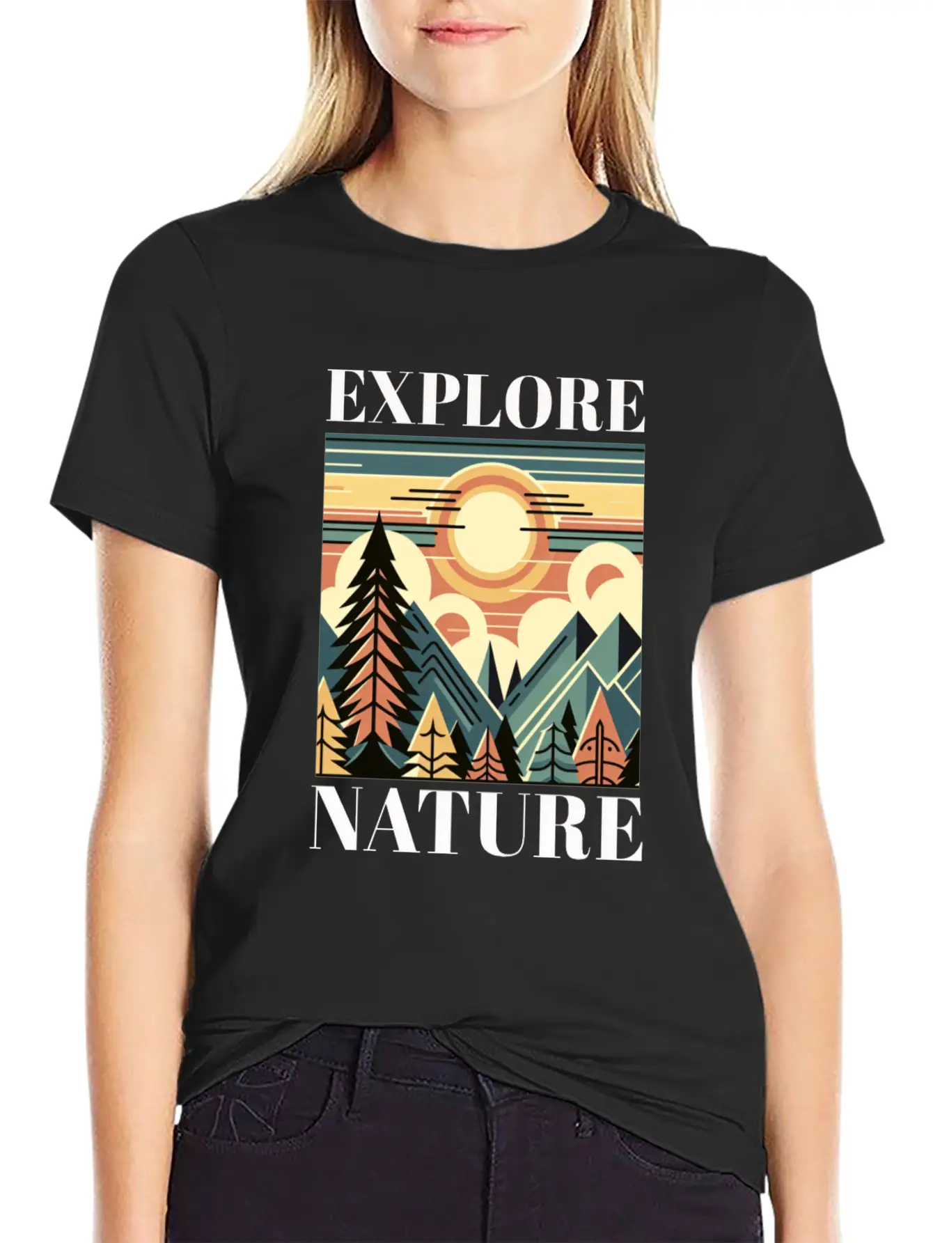 "EXPLORE NATURE" ART DECO MOUNTAIN SUNSET GIFT Breathable Graphic T-Shirt – Perfect For Casual Days