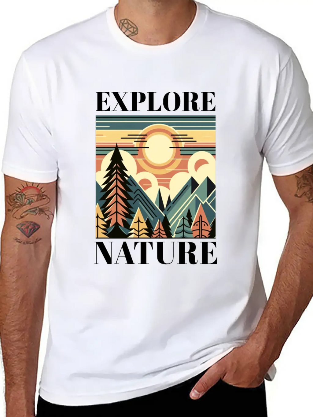 "EXPLORE NATURE" ART DECO MOUNTAIN SUNSET GIFT Breathable Graphic T-Shirt – Perfect For Casual Days