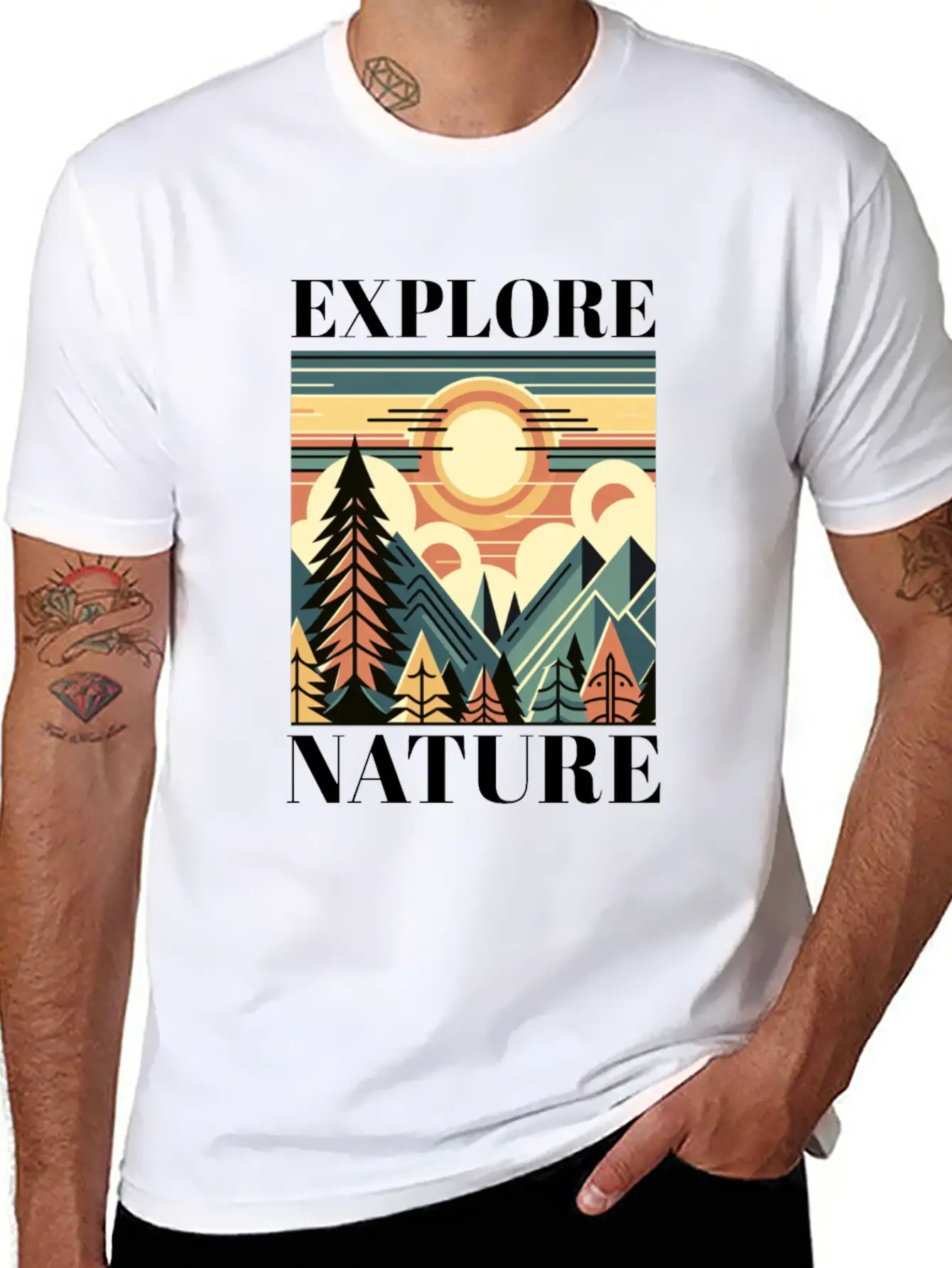 "EXPLORE NATURE" ART DECO MOUNTAIN SUNSET GIFT Breathable Graphic T-Shirt – Perfect For Casual Days